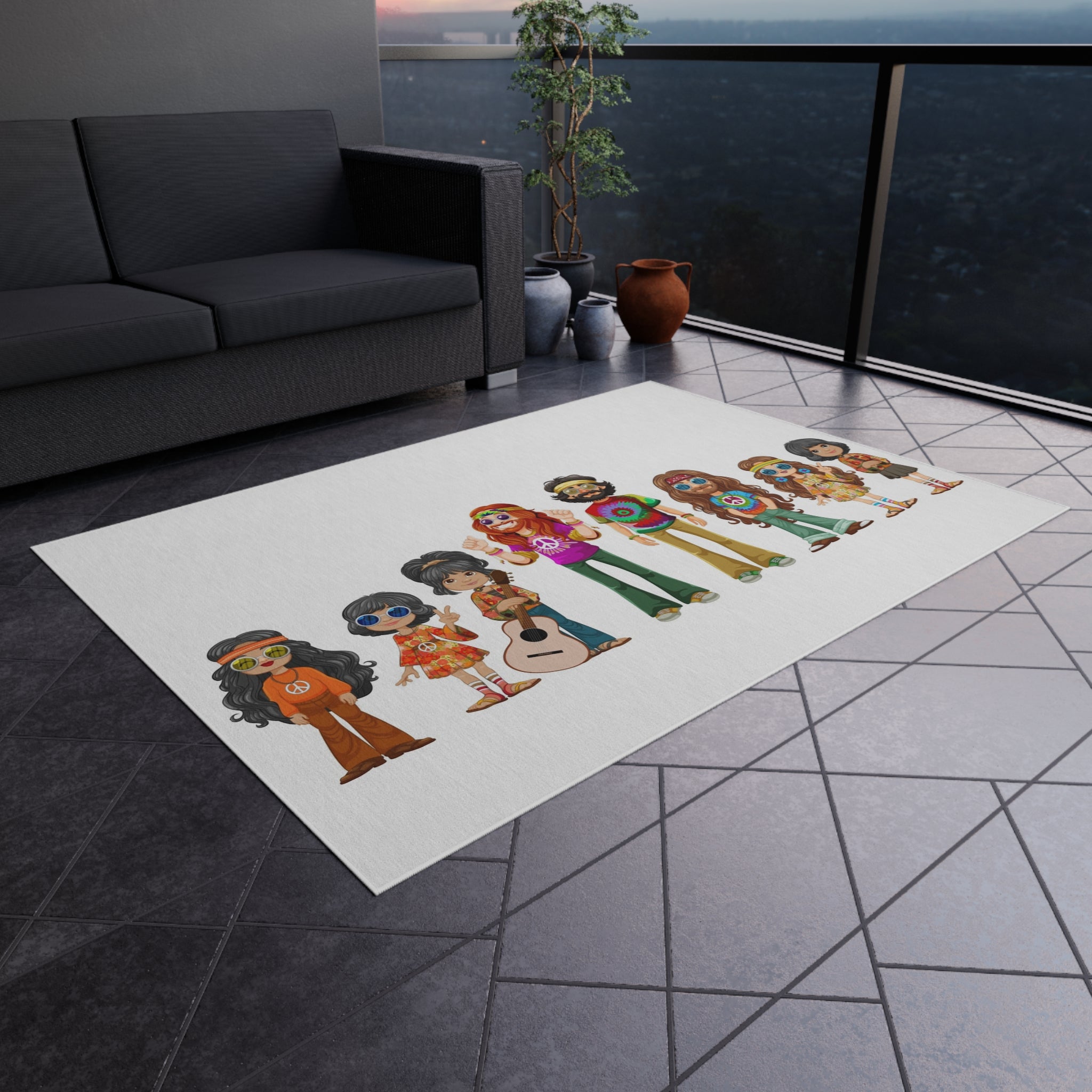 Retro Hippie Family Crew Outdoor Rug | Boho Music Festival Characters