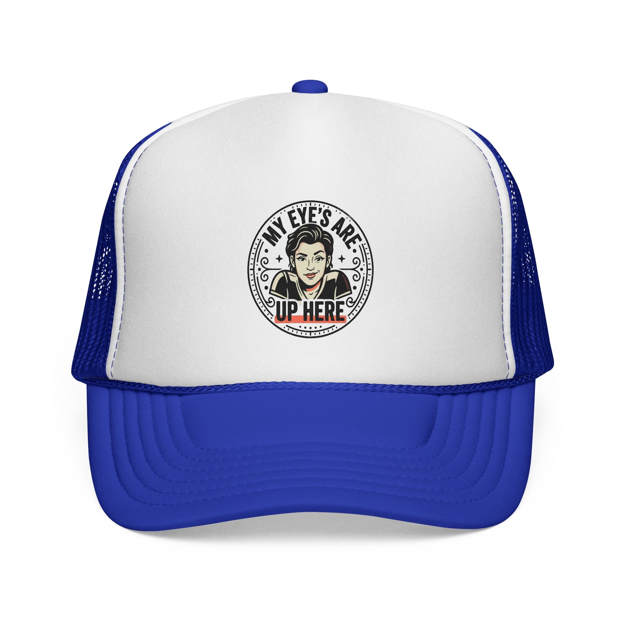 My Eyes Are Up Here Trucker Cap | Retro Woman Graphic