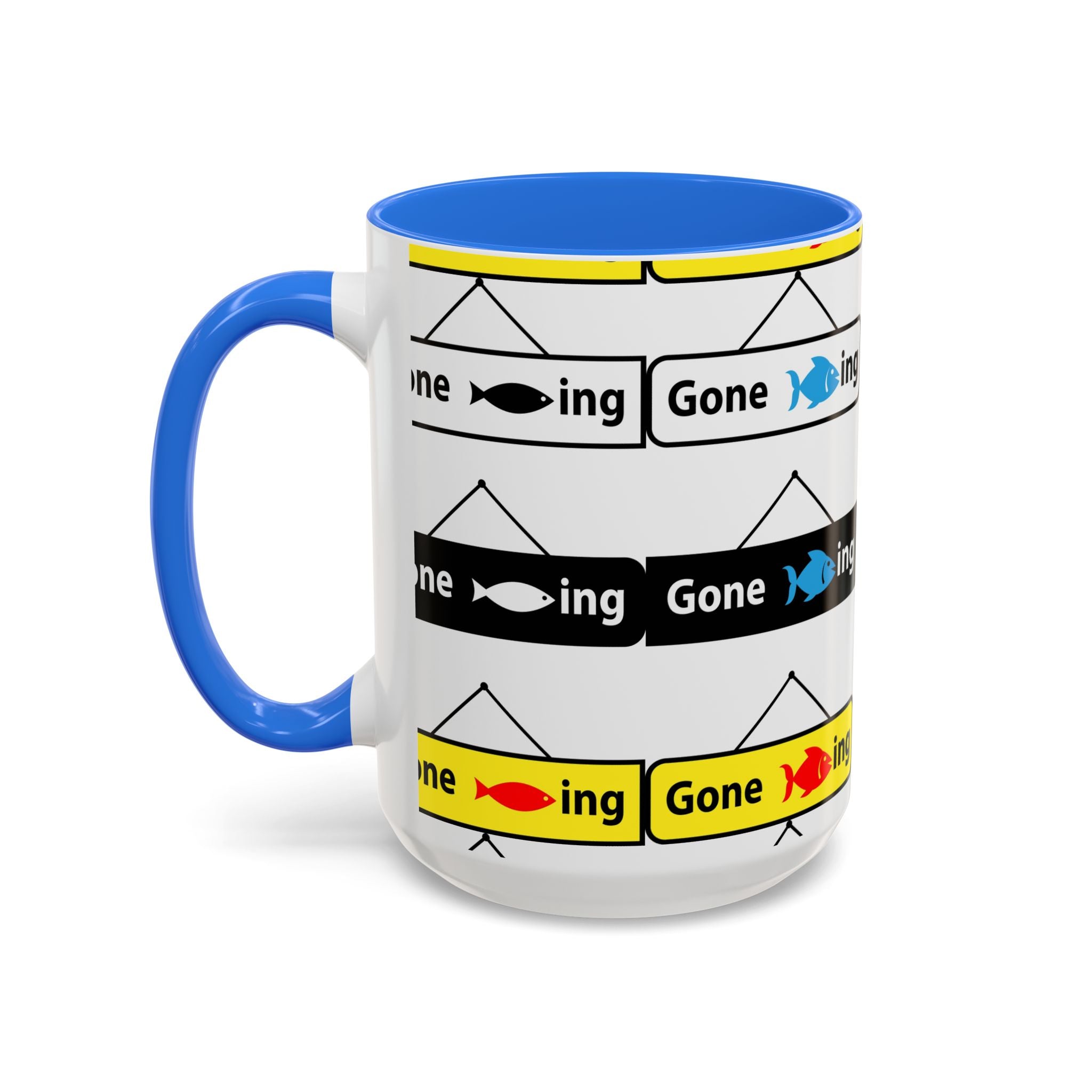 Gone Fishing Mug | Colorful Fish Sign Repeat Pattern, 11oz 15oz