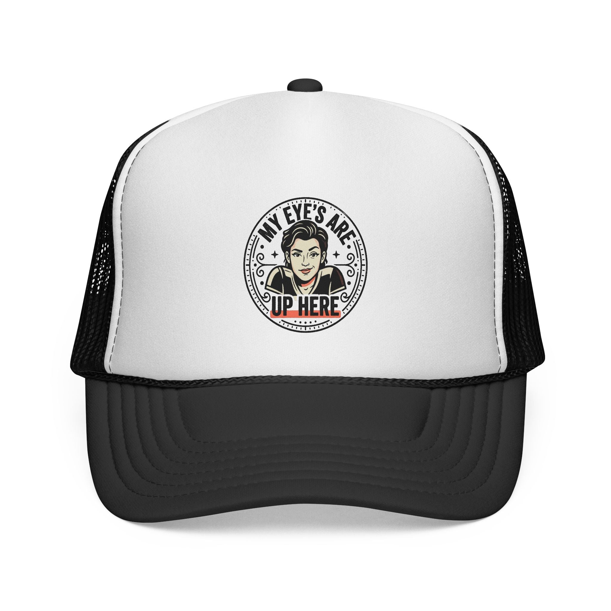My Eyes Are Up Here Trucker Cap | Retro Woman Graphic
