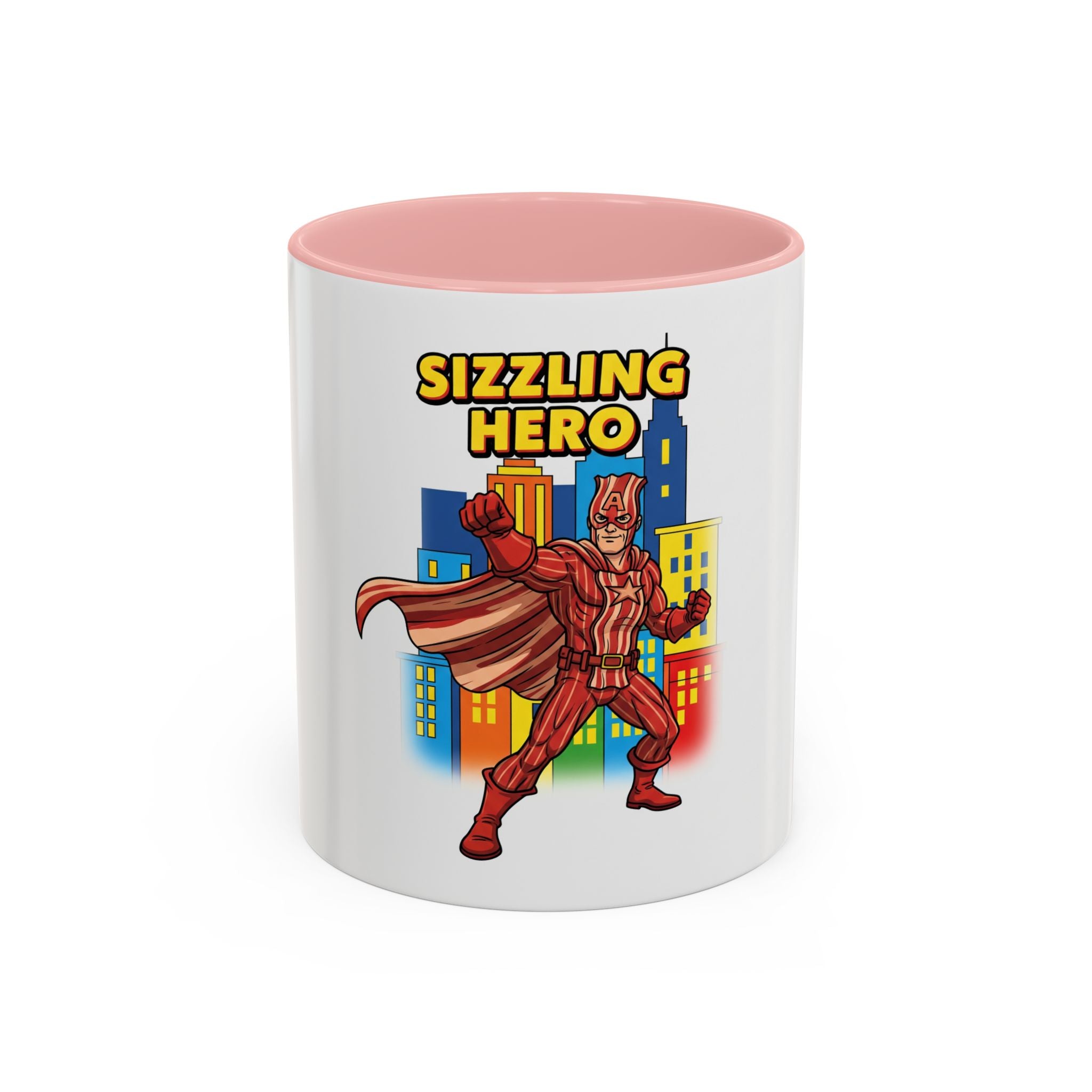 Sizzling Hero Mug | Accent Coffee Mug 11oz 15oz, Superhero City Design