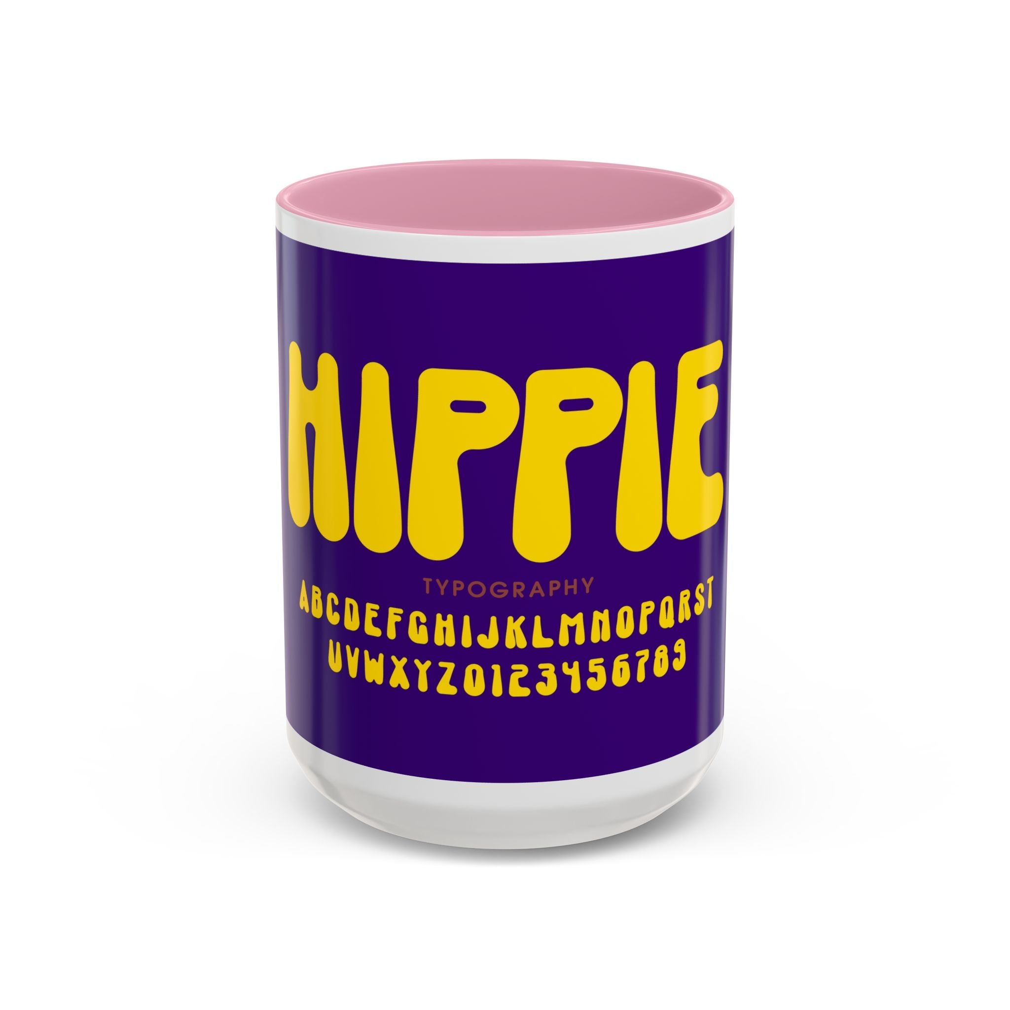 Hippie Typography Mug | Retro 70s Bubble Letters, Purple Yellow 11oz 15oz