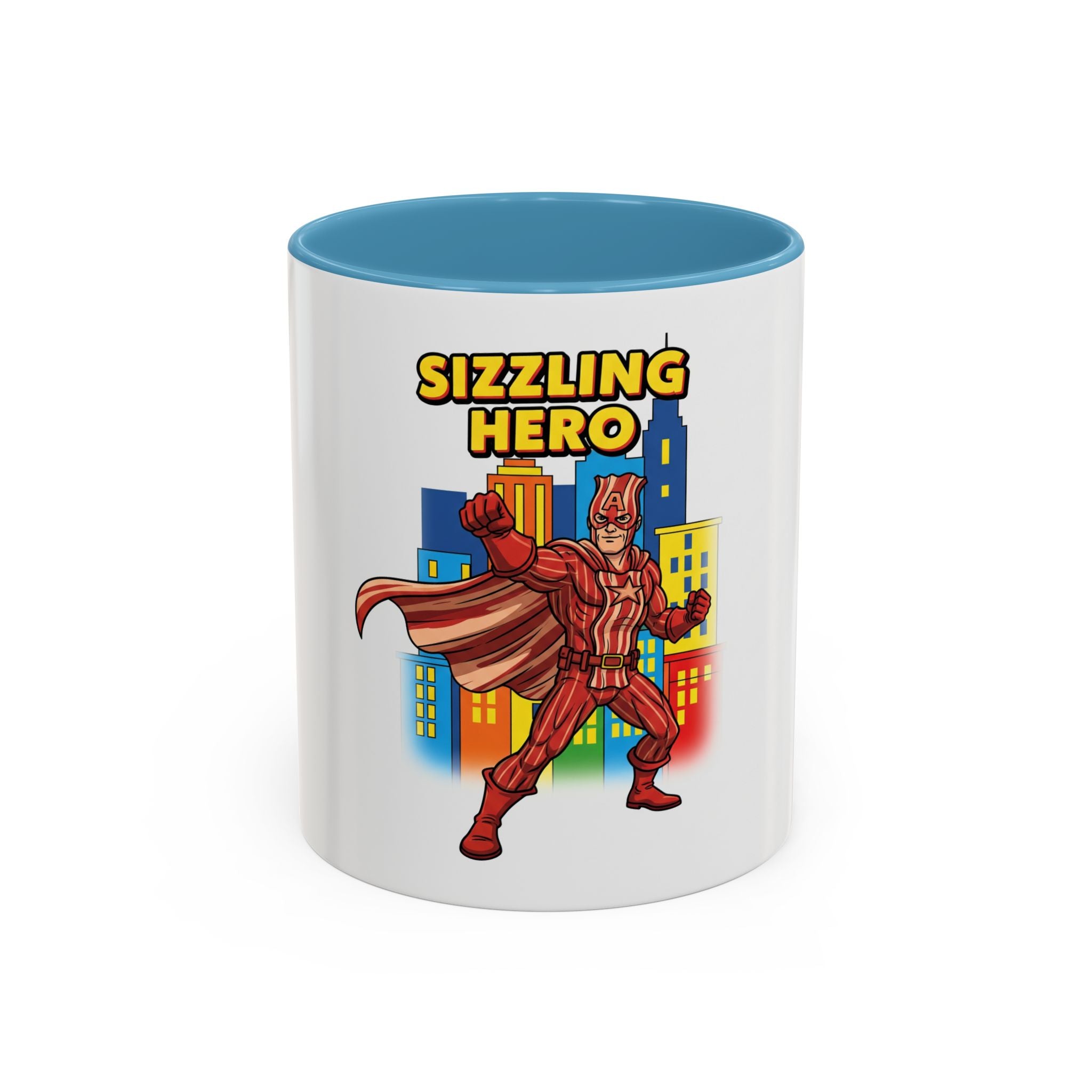 Sizzling Hero Mug | Accent Coffee Mug 11oz 15oz, Superhero City Design