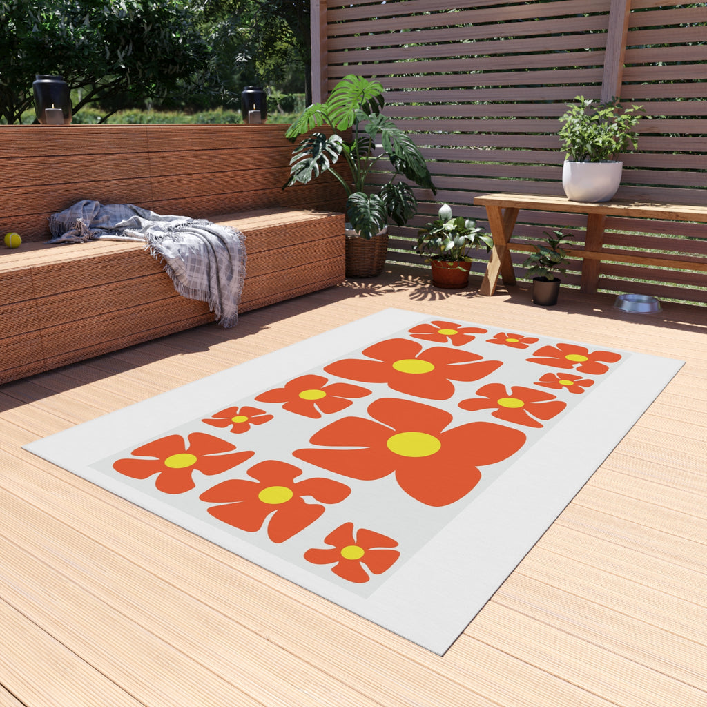 Retro Orange Flower Pattern Outdoor Rug | Mid Century Floral Patio Mat