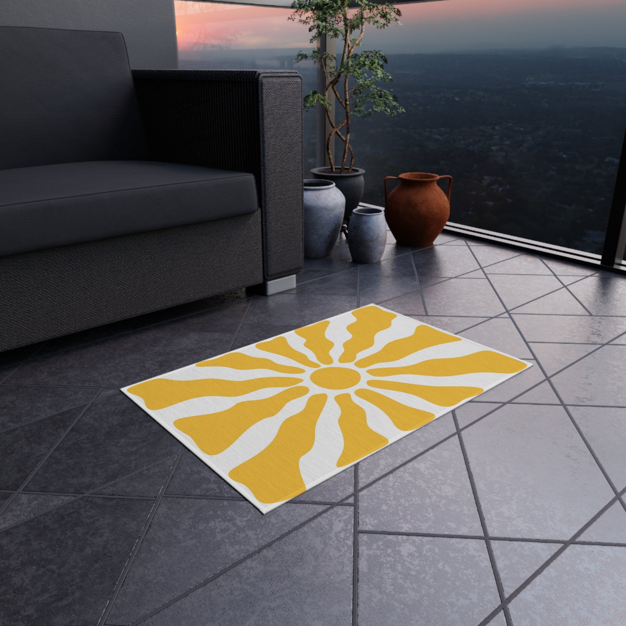 Yellow Sunburst Outdoor Rug | Retro Radiant Sun Pattern Patio Mat