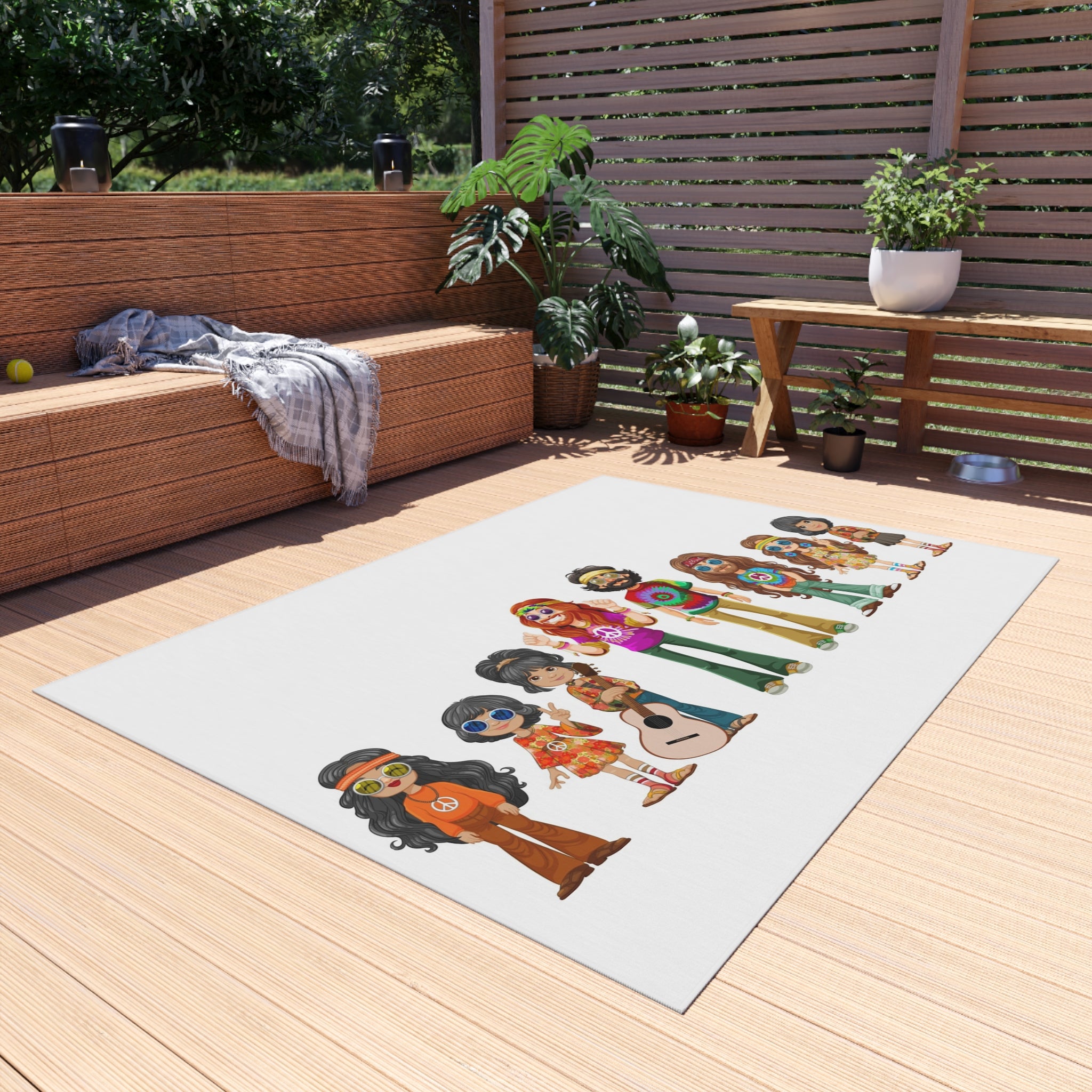 Retro Hippie Family Crew Outdoor Rug | Boho Music Festival Characters