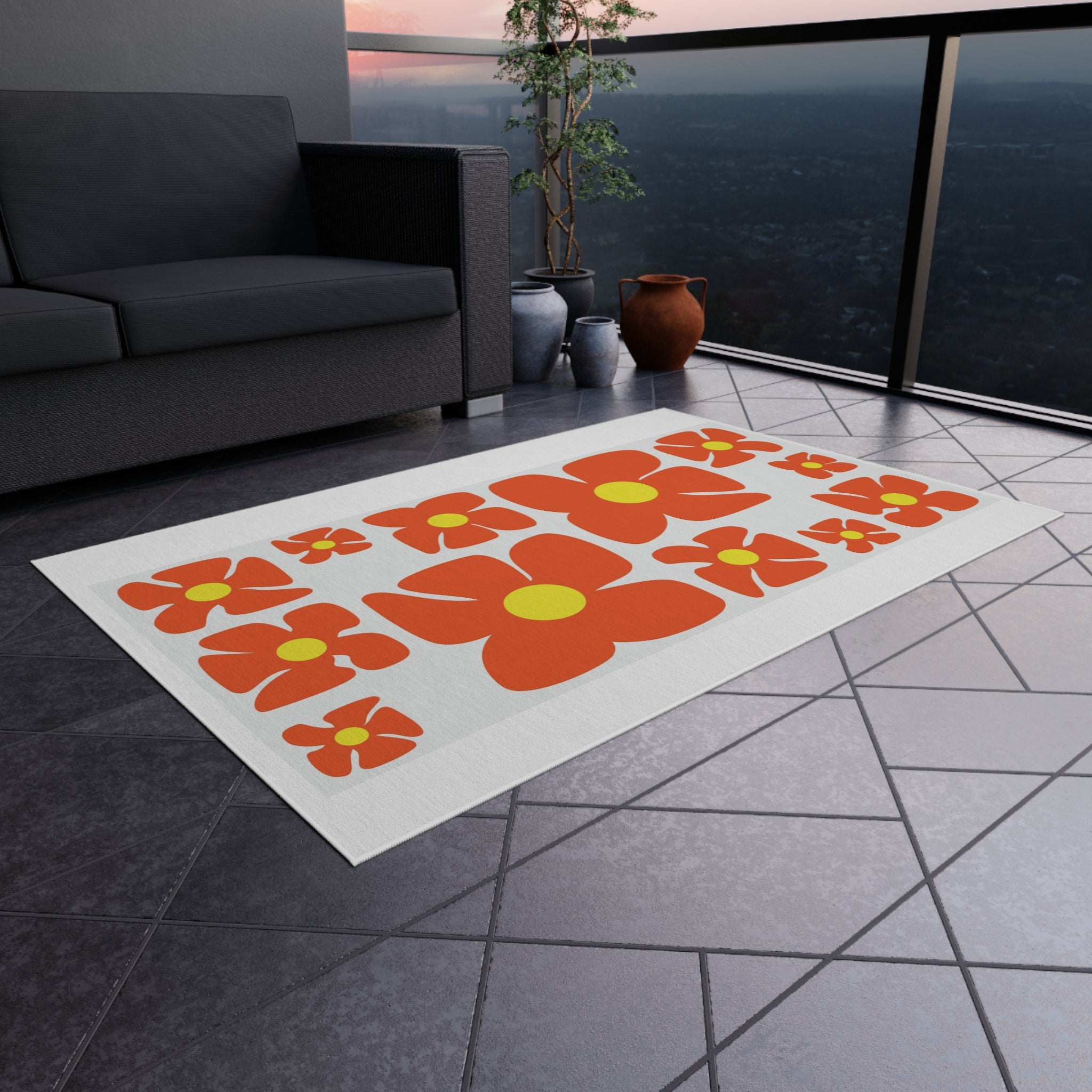 Retro Orange Flower Pattern Outdoor Rug | Mid Century Floral Patio Mat