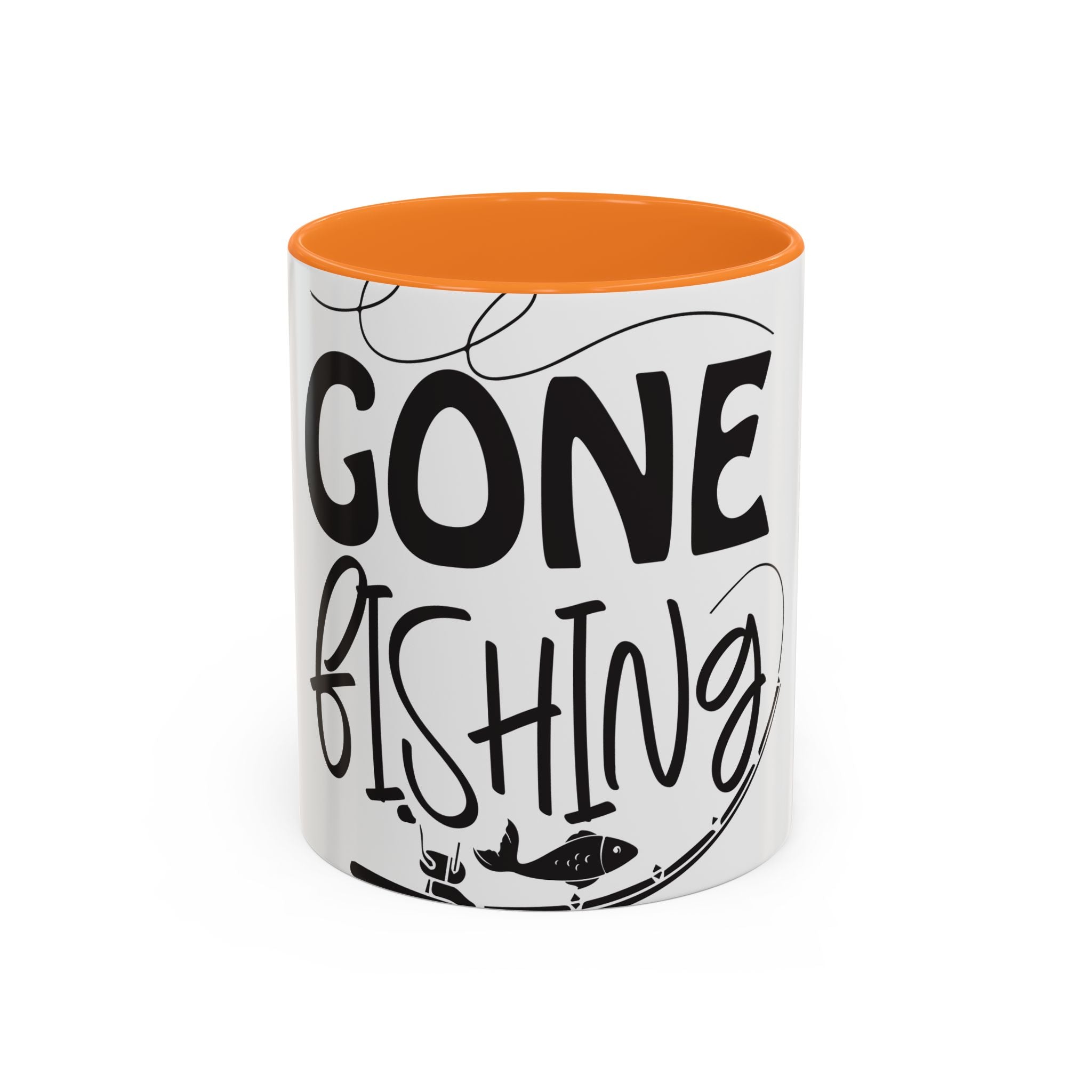 Gone Fishing mug | Fishing typography coffee mug, black handle and rim