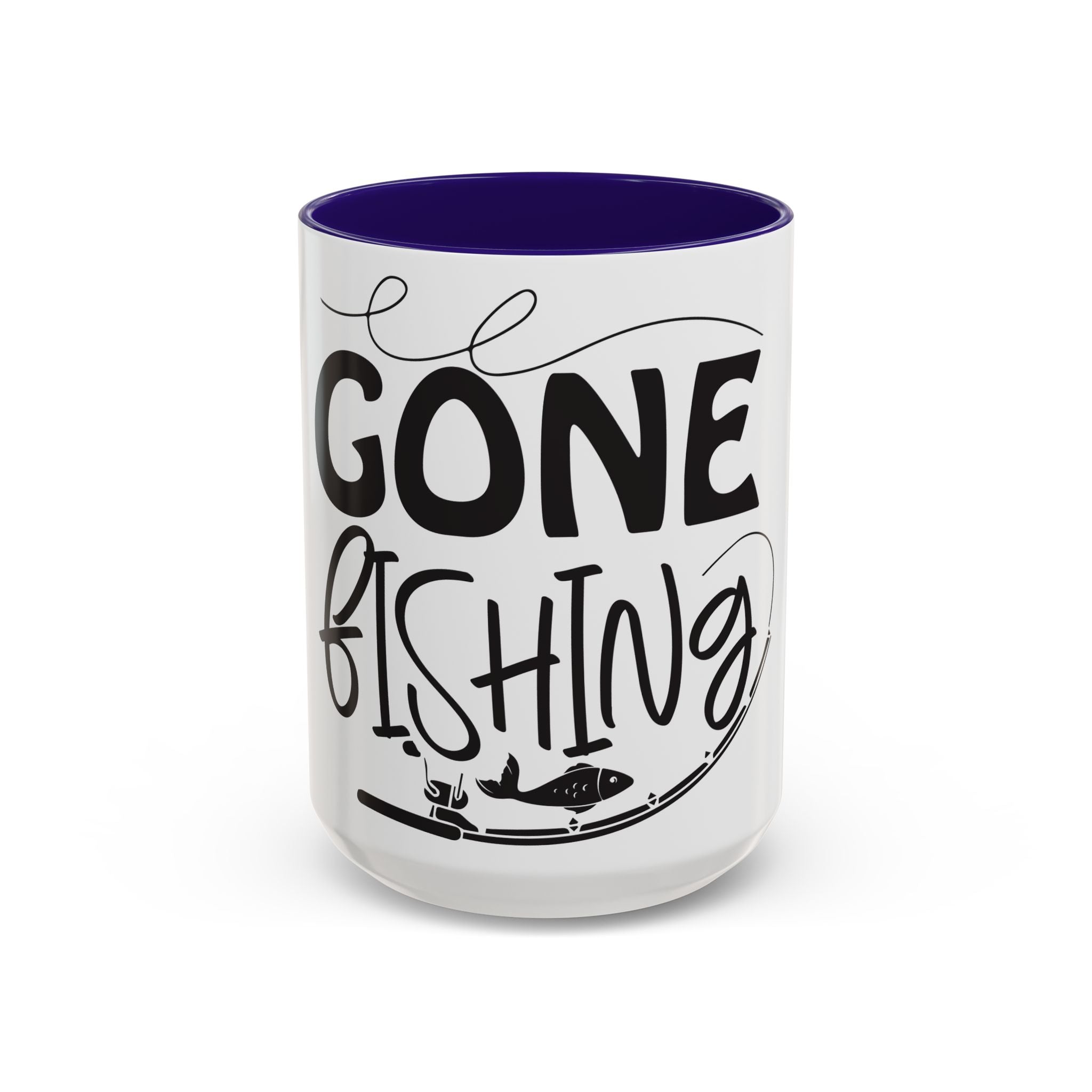 Gone Fishing mug | Fishing typography coffee mug, black handle and rim