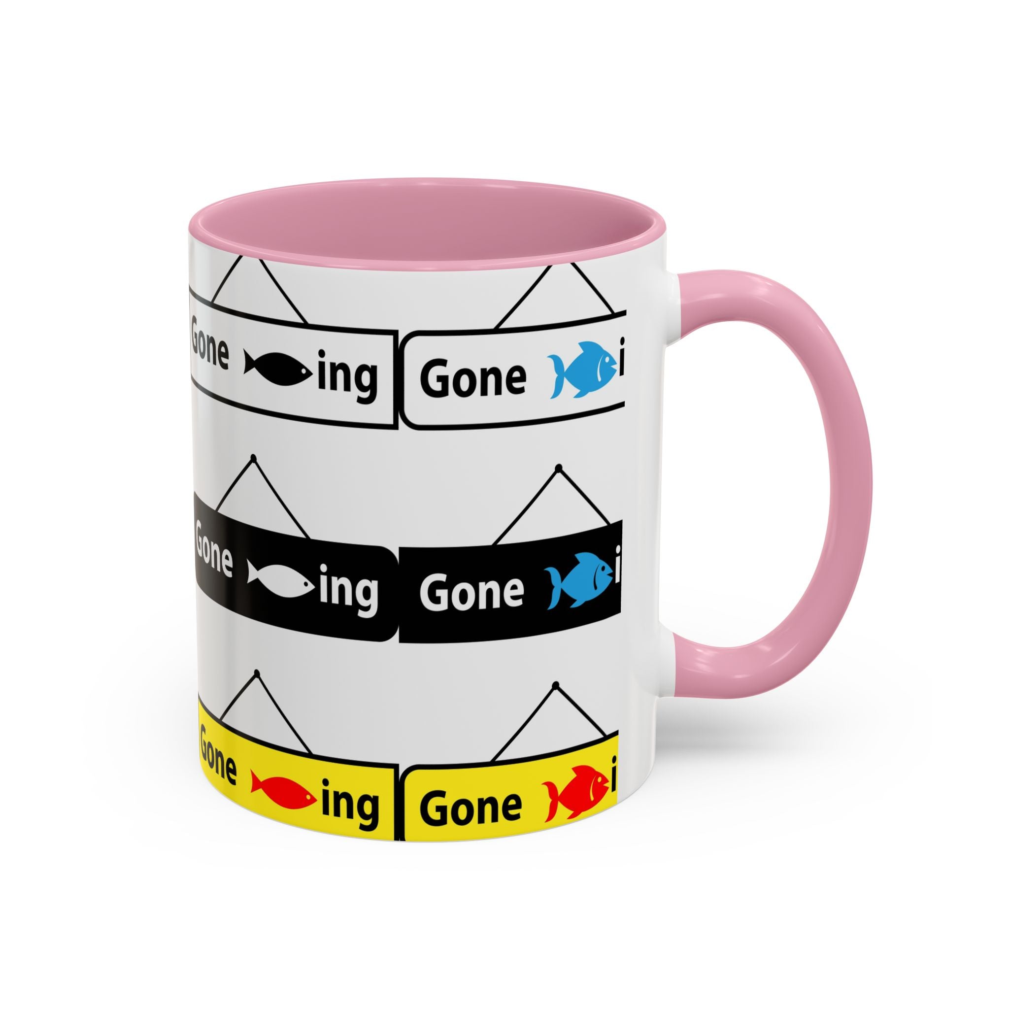 Gone Fishing Mug | Colorful Fish Sign Repeat Pattern, 11oz 15oz