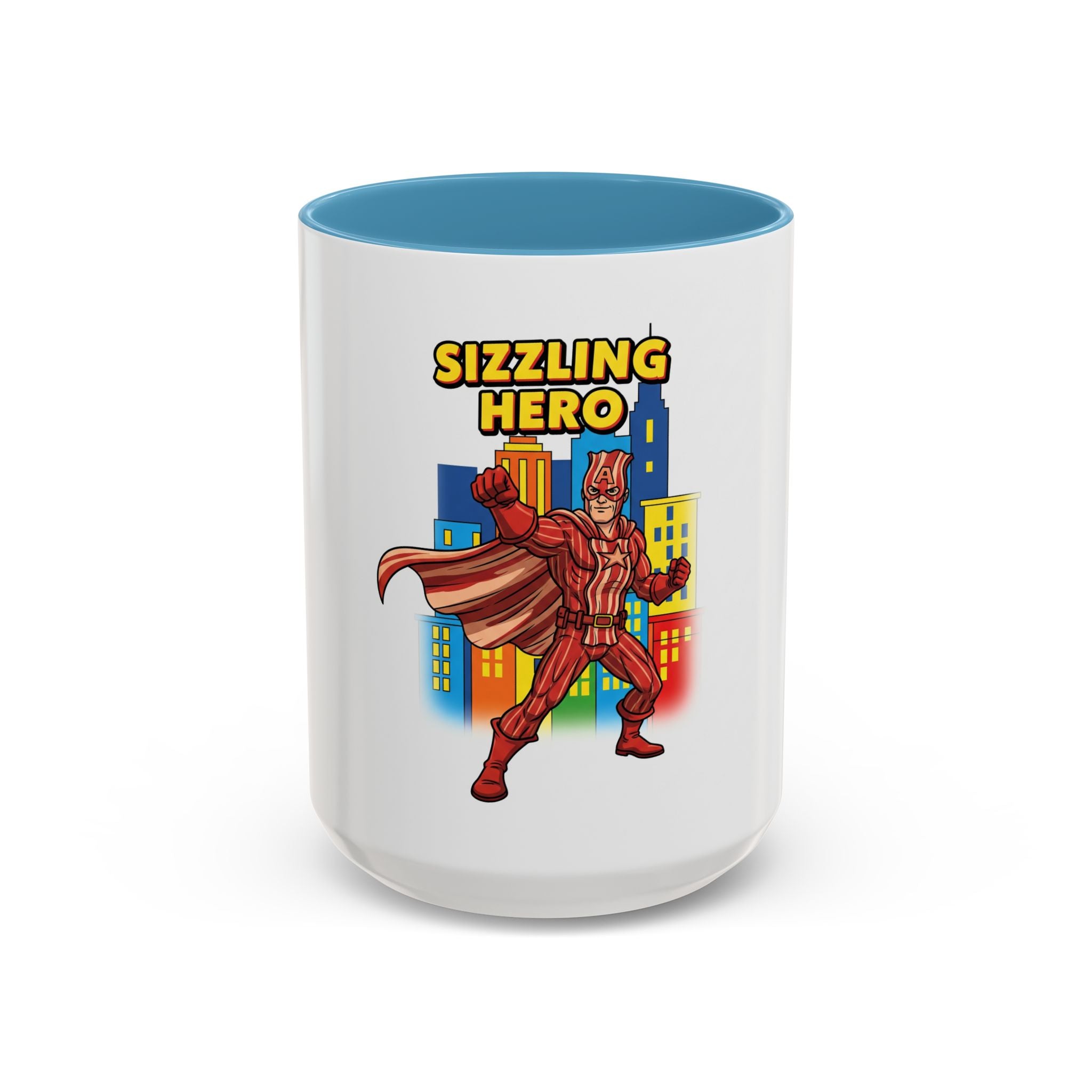 Sizzling Hero Mug | Accent Coffee Mug 11oz 15oz, Superhero City Design