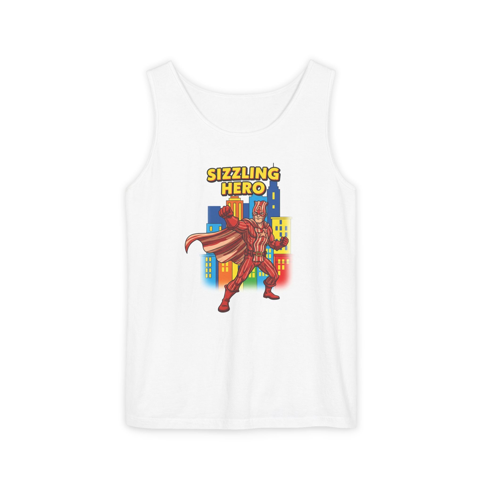 Sizzling Hero superhero bacon character Tank Top | comic city background