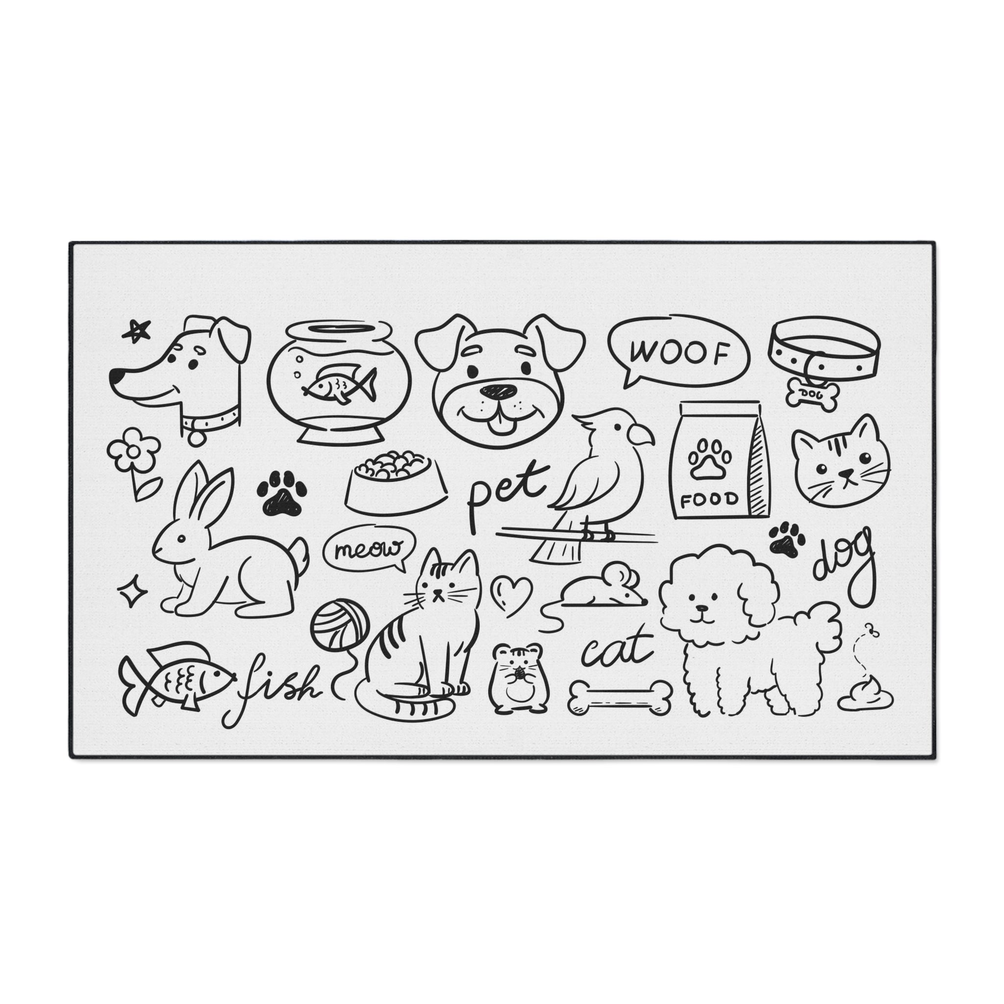 Hand Drawn Pet Doodles Heavy Duty Floor Mat | Dog Cat Rabbit Fish Bird