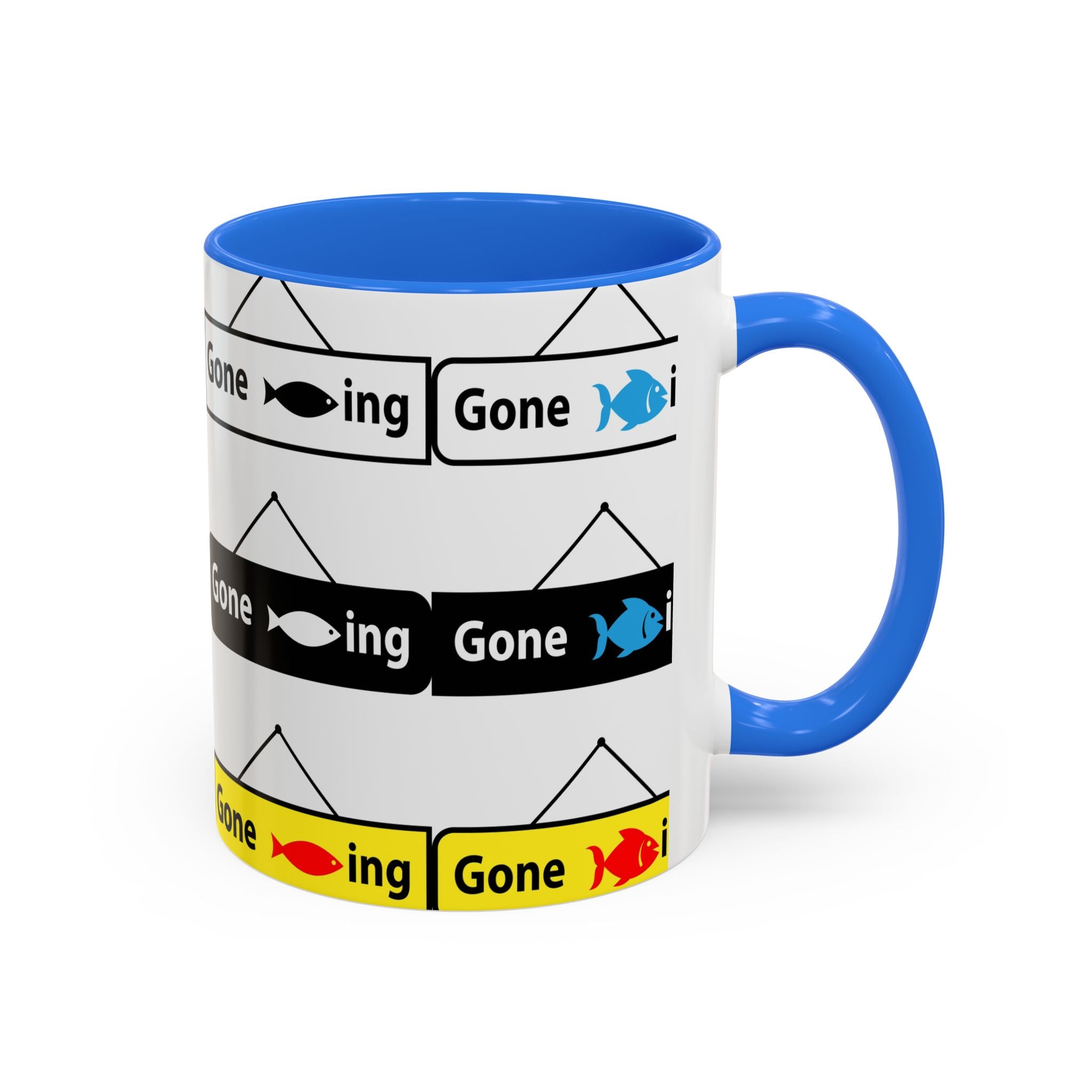 Gone Fishing Mug | Colorful Fish Sign Repeat Pattern, 11oz 15oz