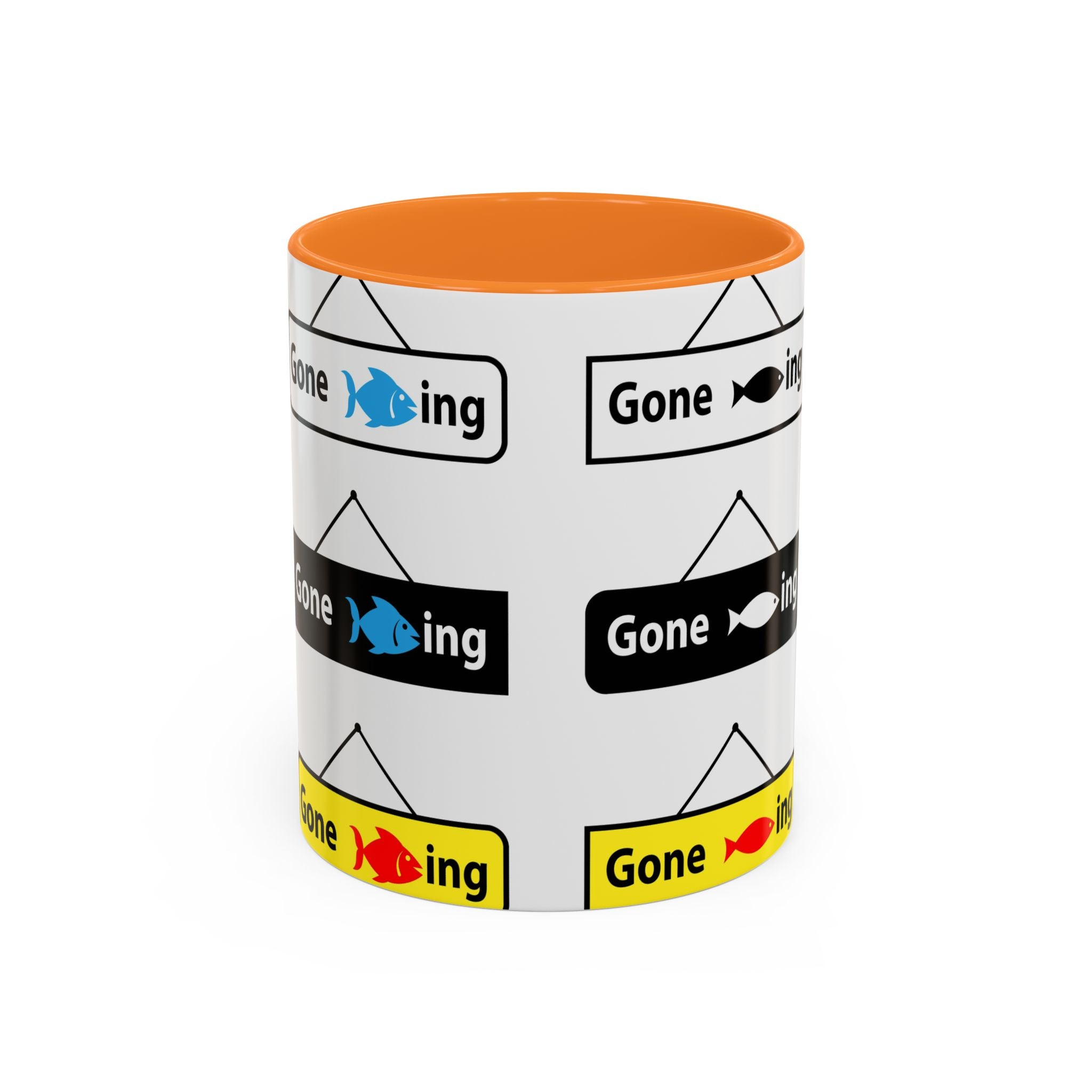 Gone Fishing Mug | Colorful Fish Sign Repeat Pattern, 11oz 15oz