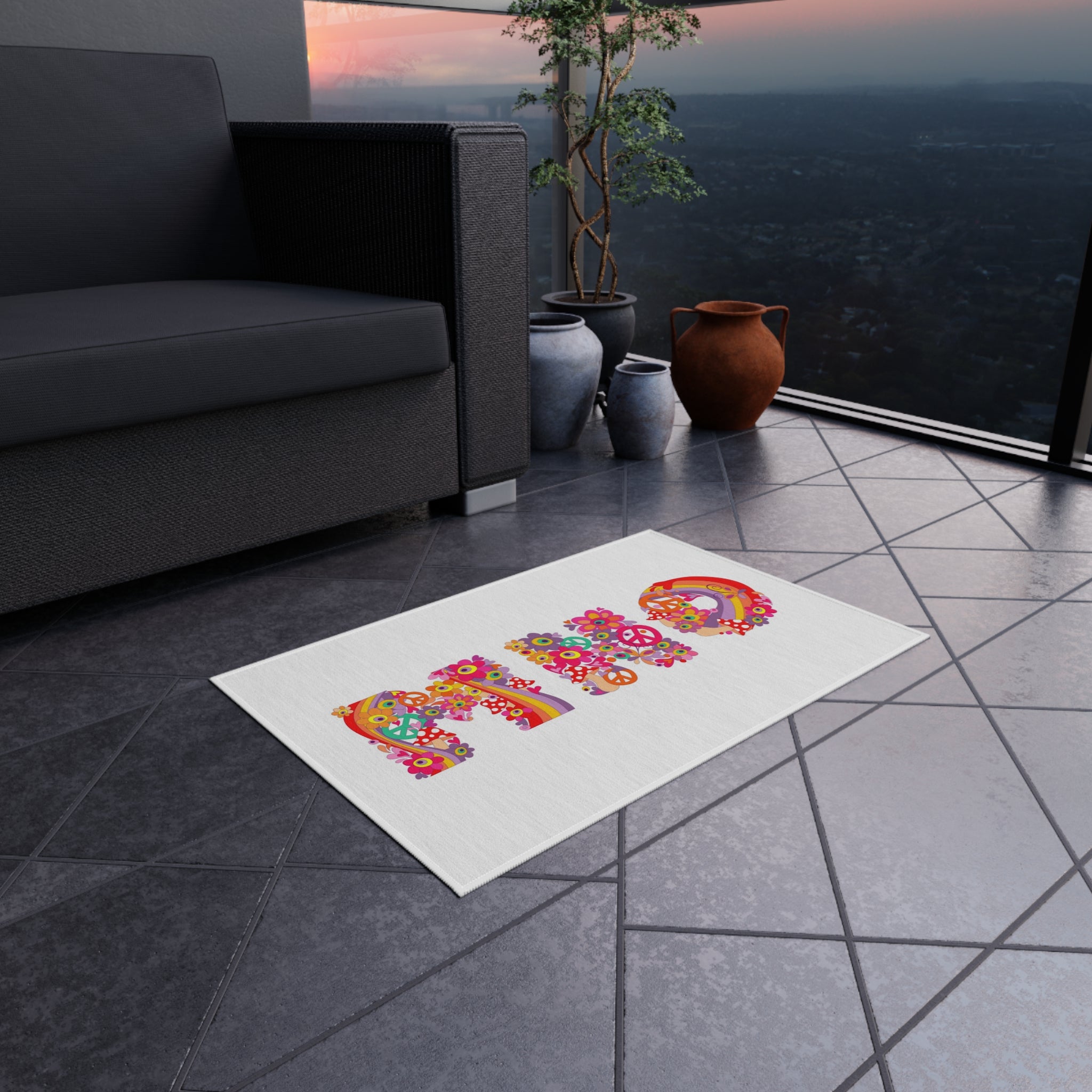 Retro Floral 'MHO' Lettering Outdoor Rug | Hippie Flower Power Doormat