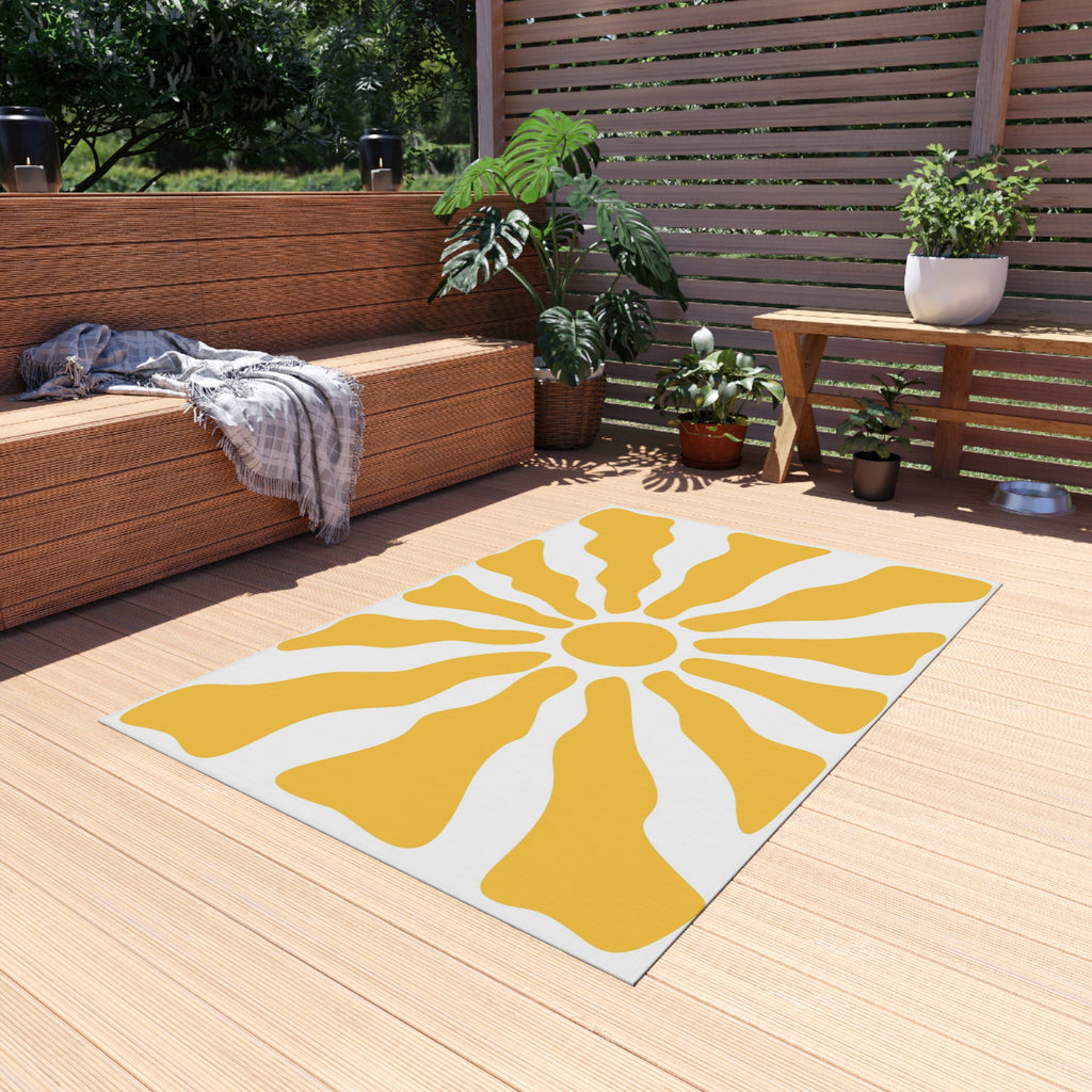 Yellow Sunburst Outdoor Rug | Retro Radiant Sun Pattern Patio Mat