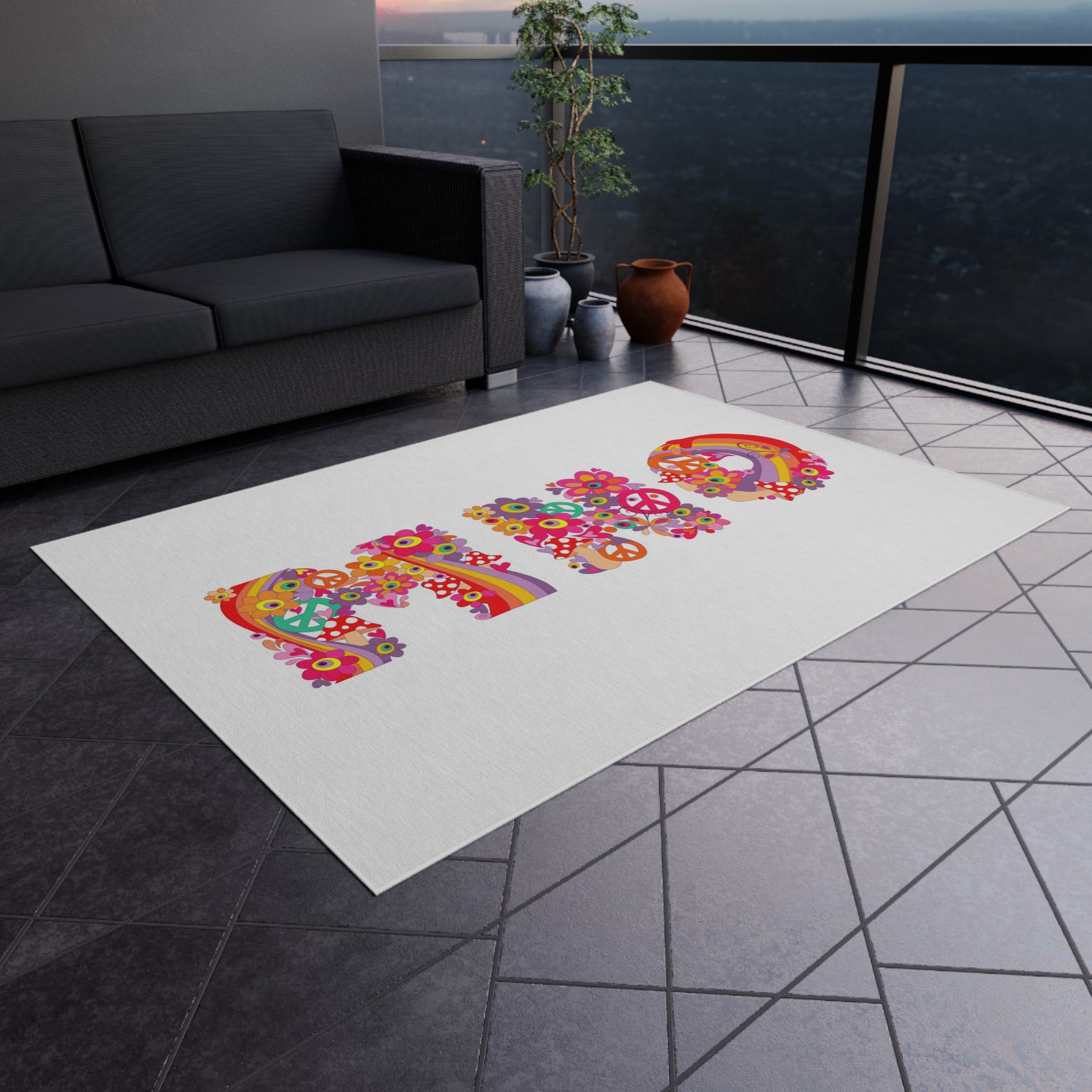 Retro Floral 'MHO' Lettering Outdoor Rug | Hippie Flower Power Doormat