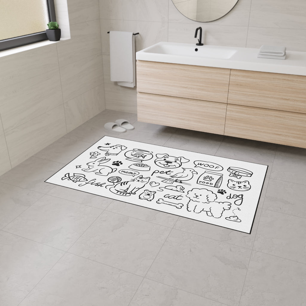 Hand Drawn Pet Doodles Heavy Duty Floor Mat | Dog Cat Rabbit Fish Bird