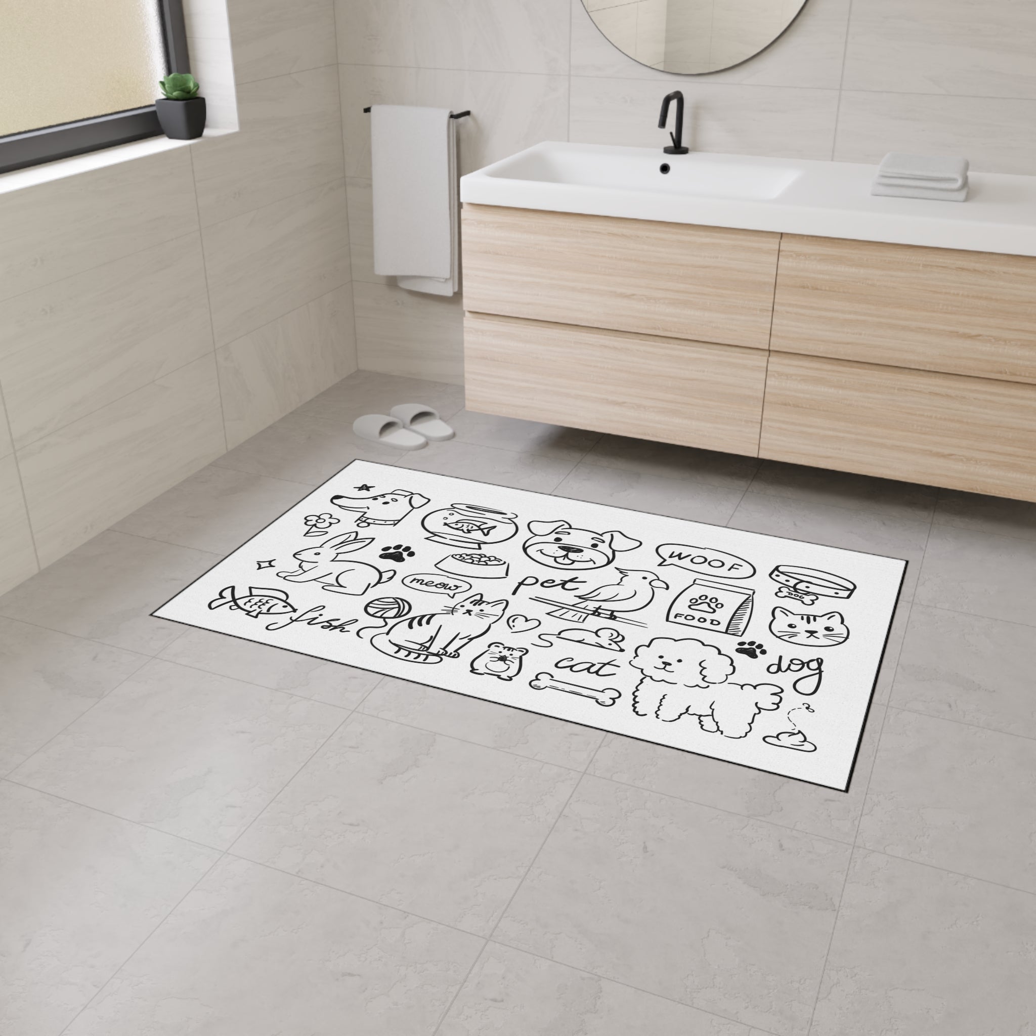 Hand Drawn Pet Doodles Heavy Duty Floor Mat | Dog Cat Rabbit Fish Bird