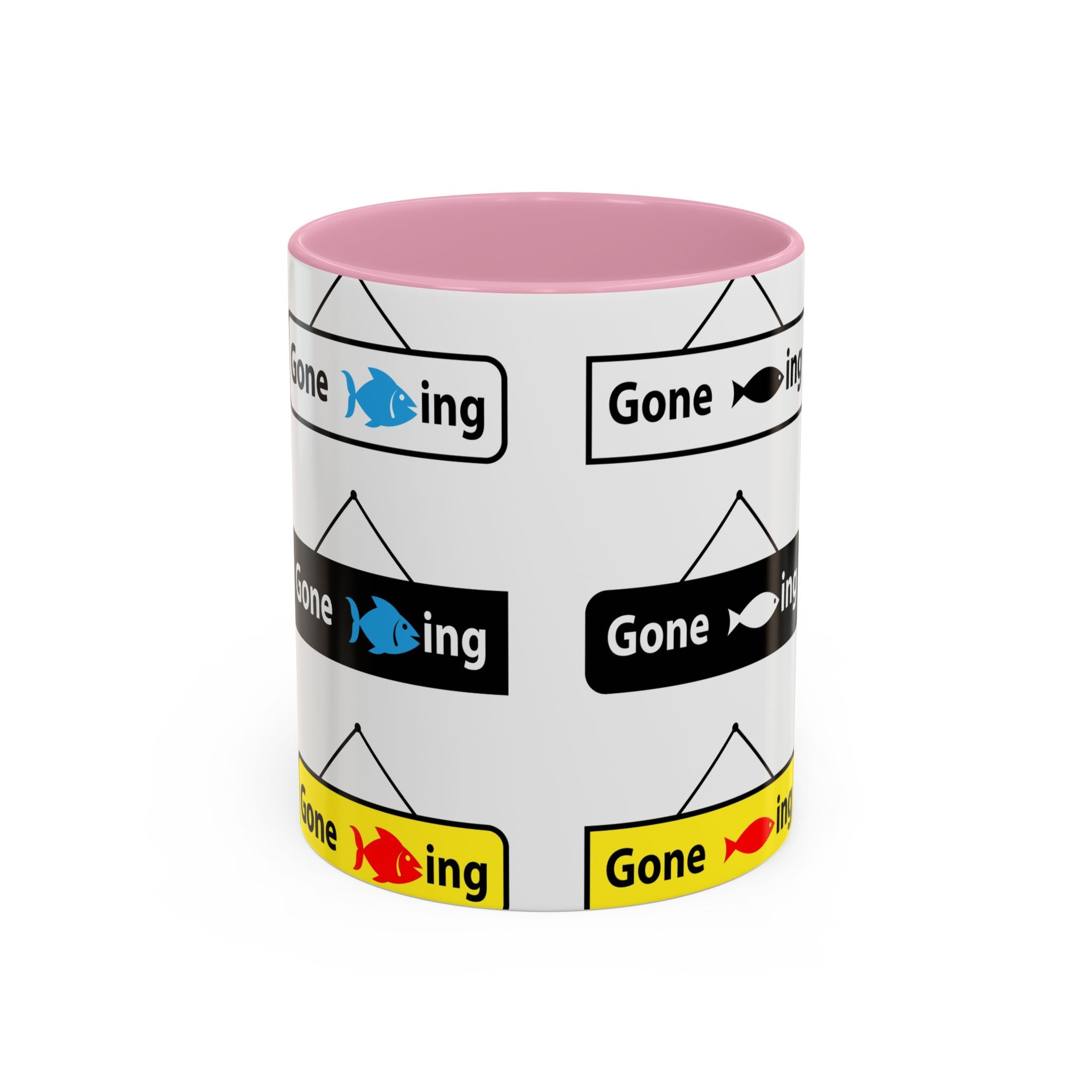 Gone Fishing Mug | Colorful Fish Sign Repeat Pattern, 11oz 15oz