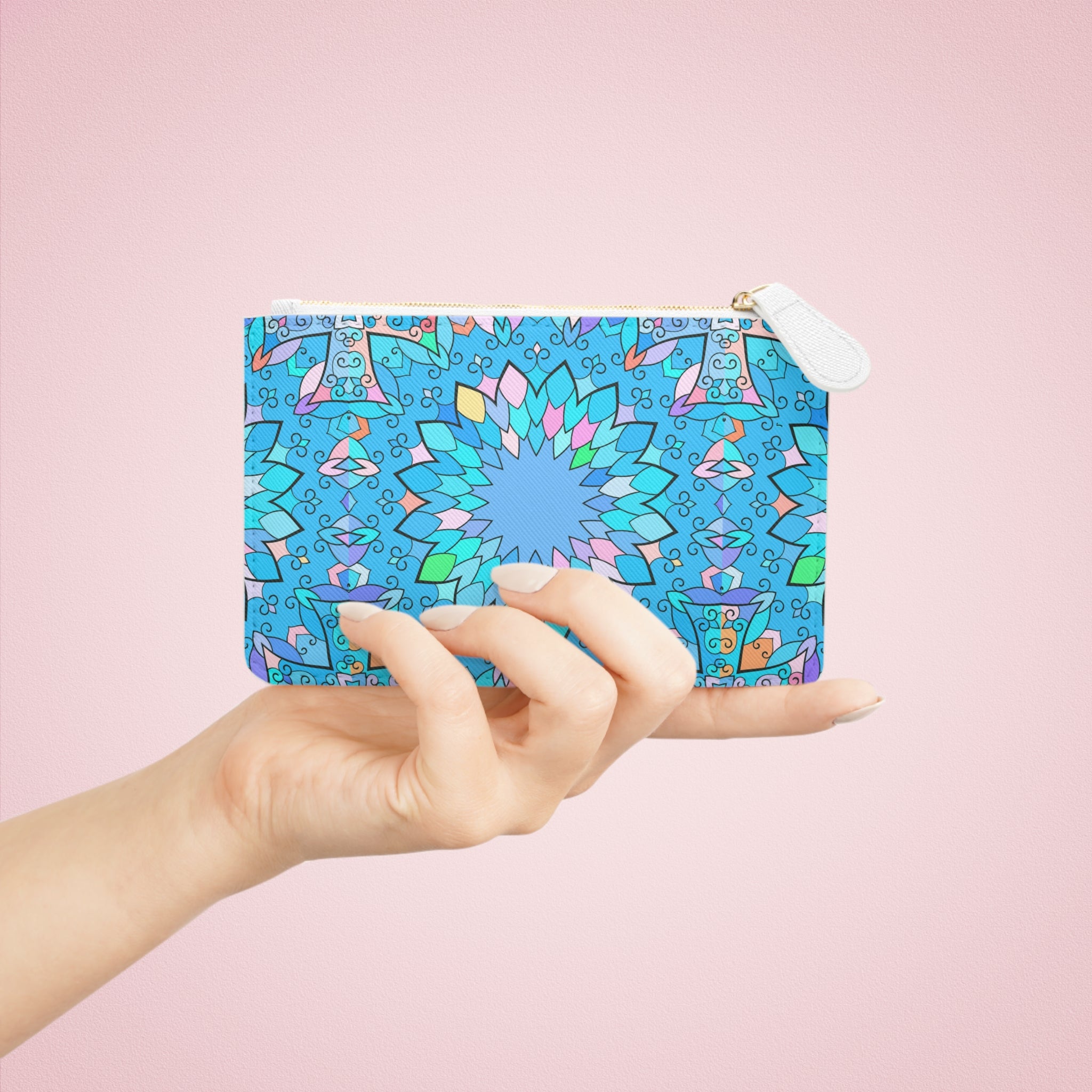 Blue Geometric Mandala Mini Clutch Bag | Floral Kaleidoscope Pattern