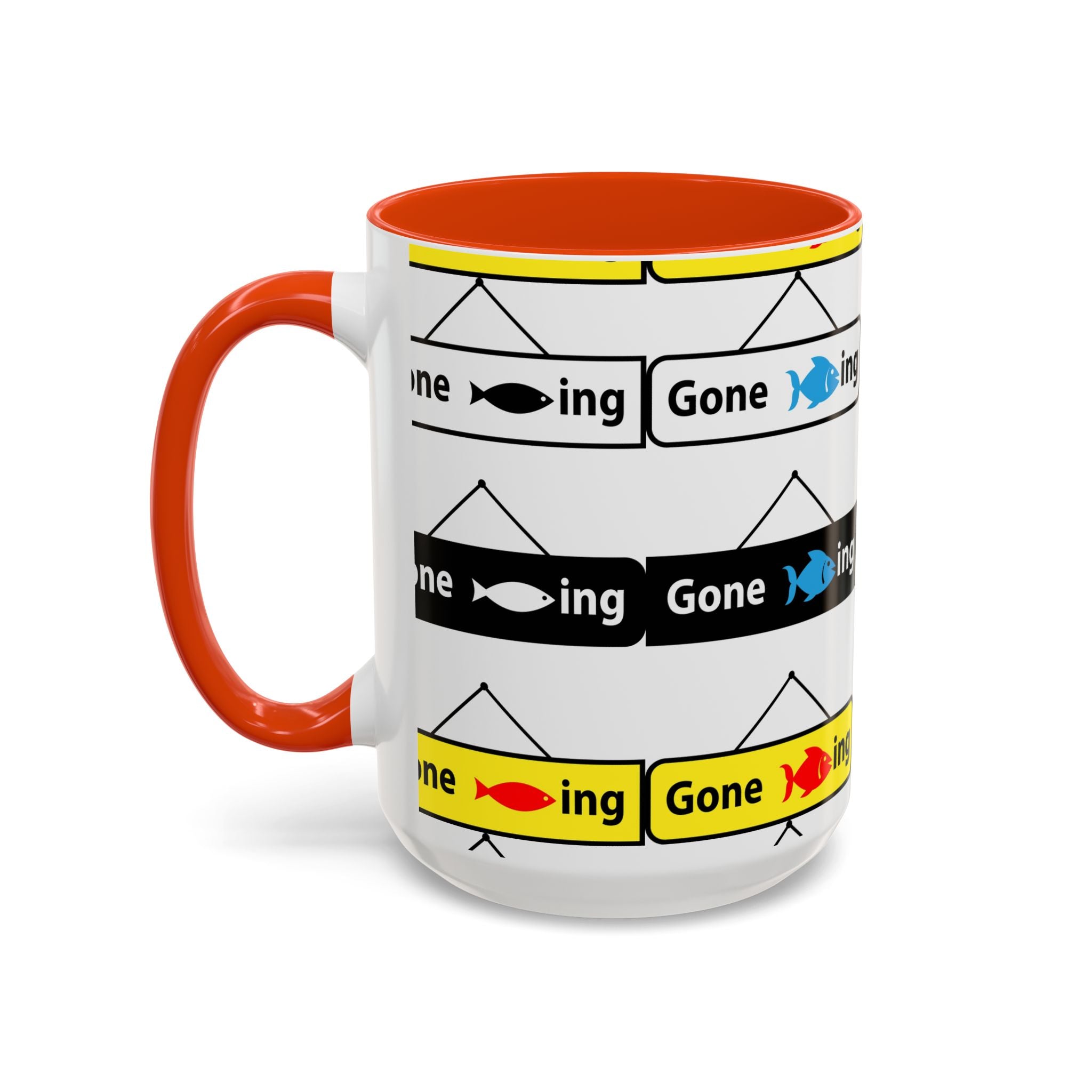 Gone Fishing Mug | Colorful Fish Sign Repeat Pattern, 11oz 15oz
