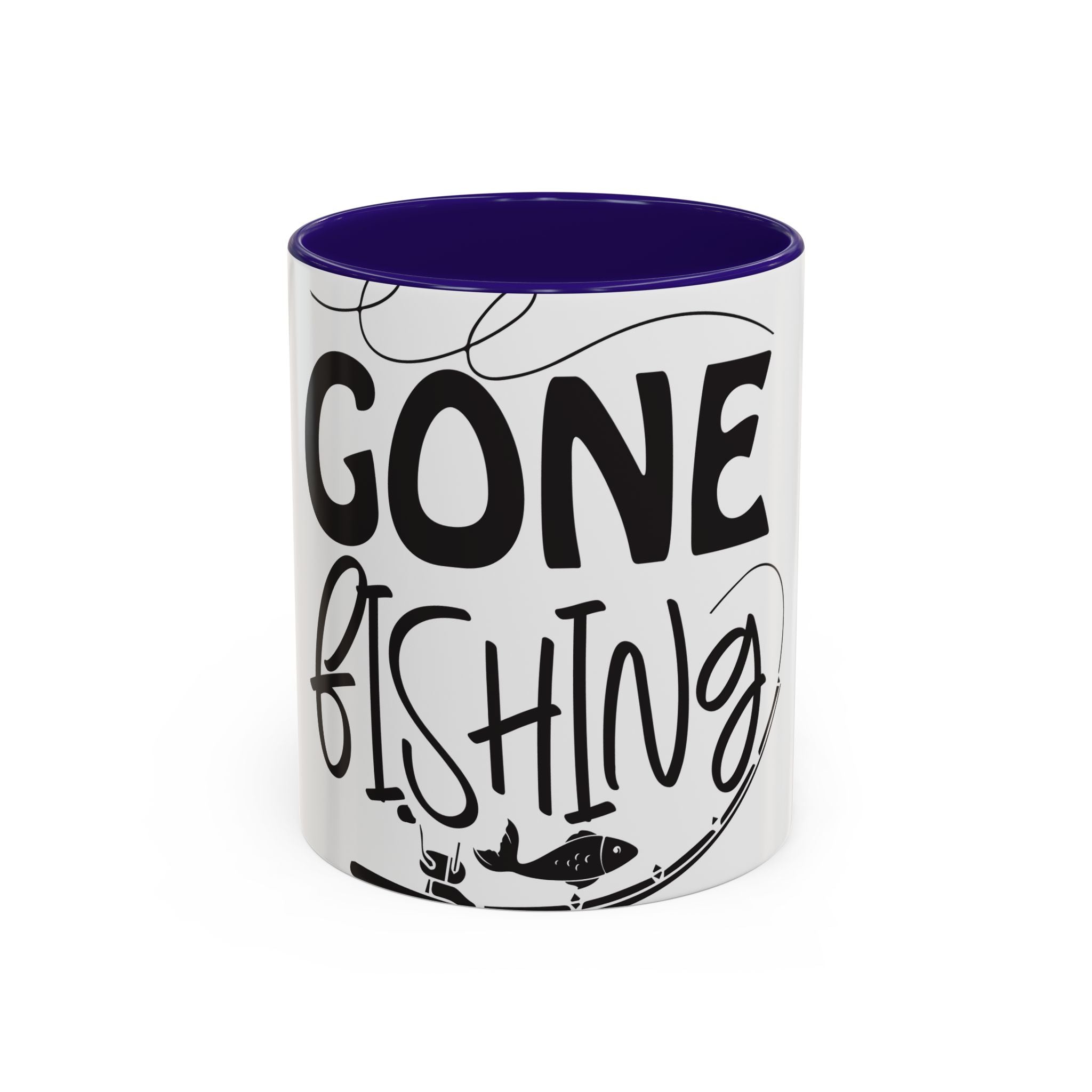 Gone Fishing mug | Fishing typography coffee mug, black handle and rim