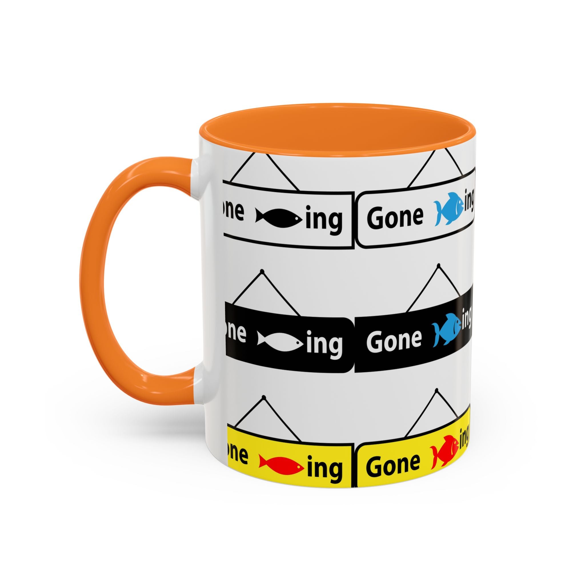 Gone Fishing Mug | Colorful Fish Sign Repeat Pattern, 11oz 15oz