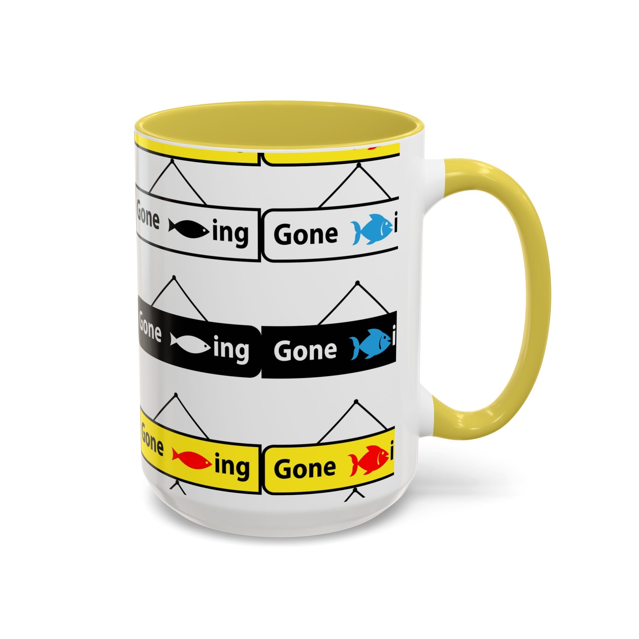 Gone Fishing Mug | Colorful Fish Sign Repeat Pattern, 11oz 15oz