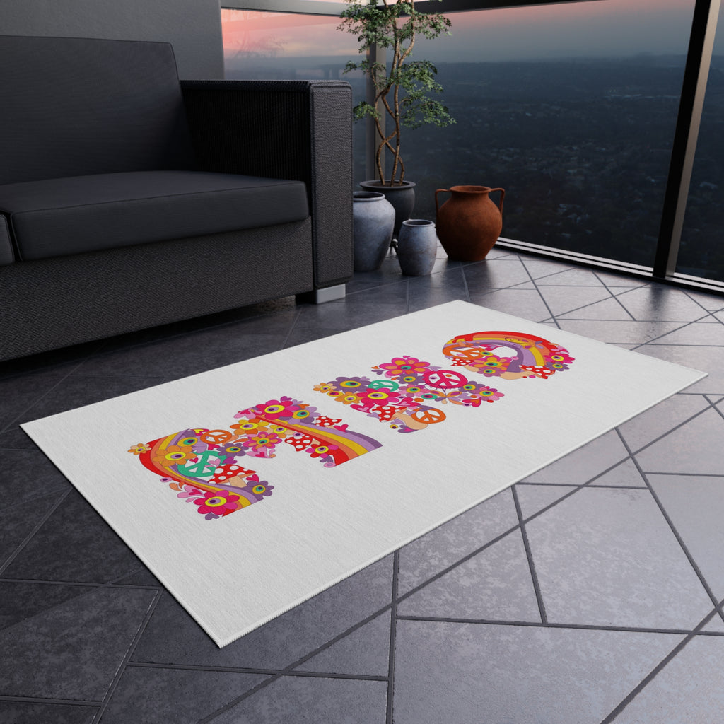 Retro Floral 'MHO' Lettering Outdoor Rug | Hippie Flower Power Doormat