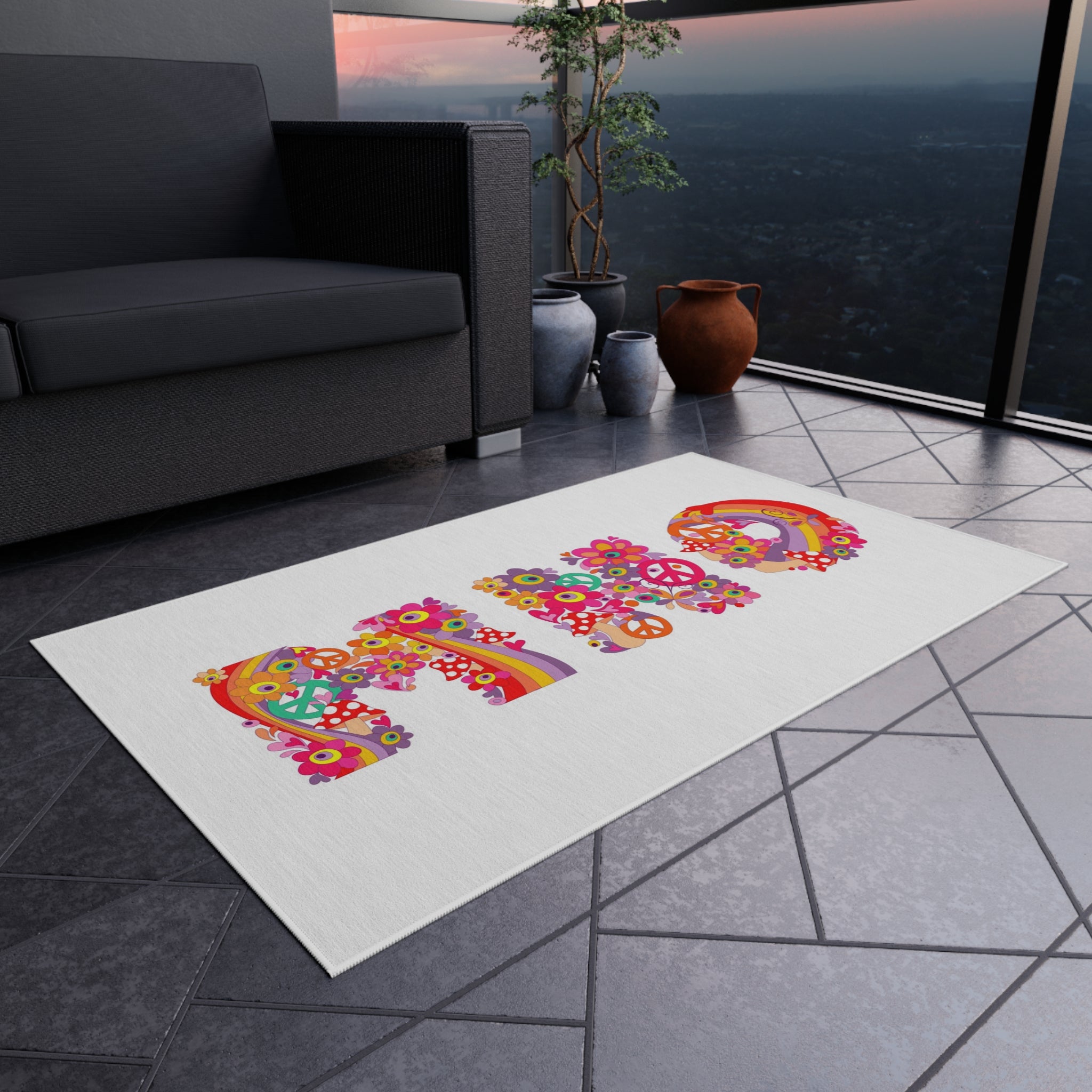 Retro Floral 'MHO' Lettering Outdoor Rug | Hippie Flower Power Doormat