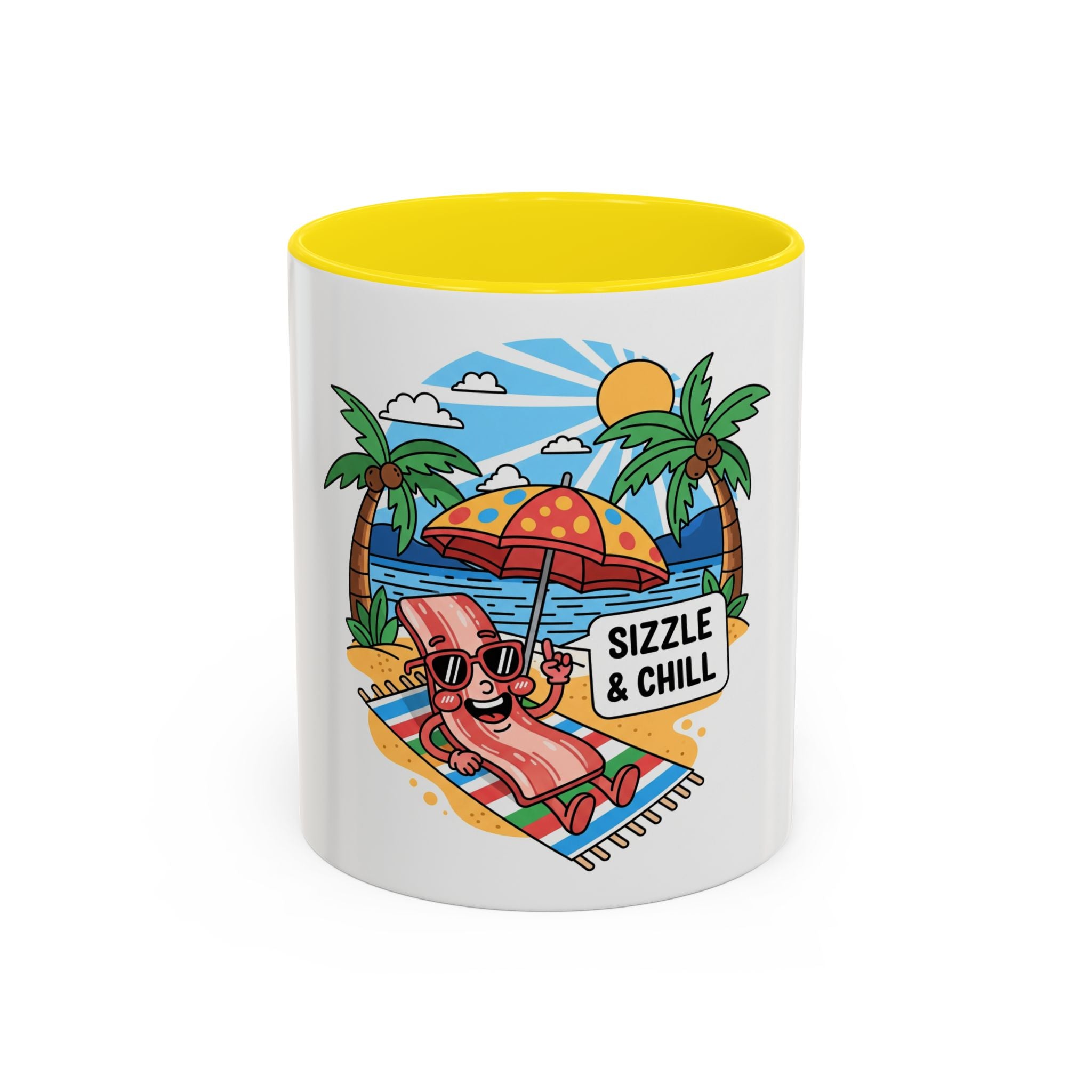 Sizzle & Chill Bacon Sunbathing Cartoon Accent Coffee Mug | 11oz or 15oz