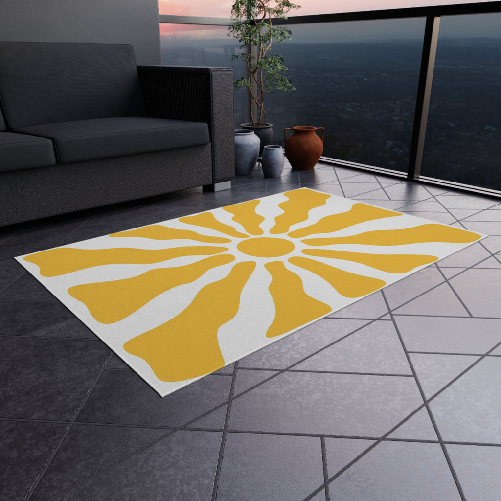 Yellow Sunburst Outdoor Rug | Retro Radiant Sun Pattern Patio Mat