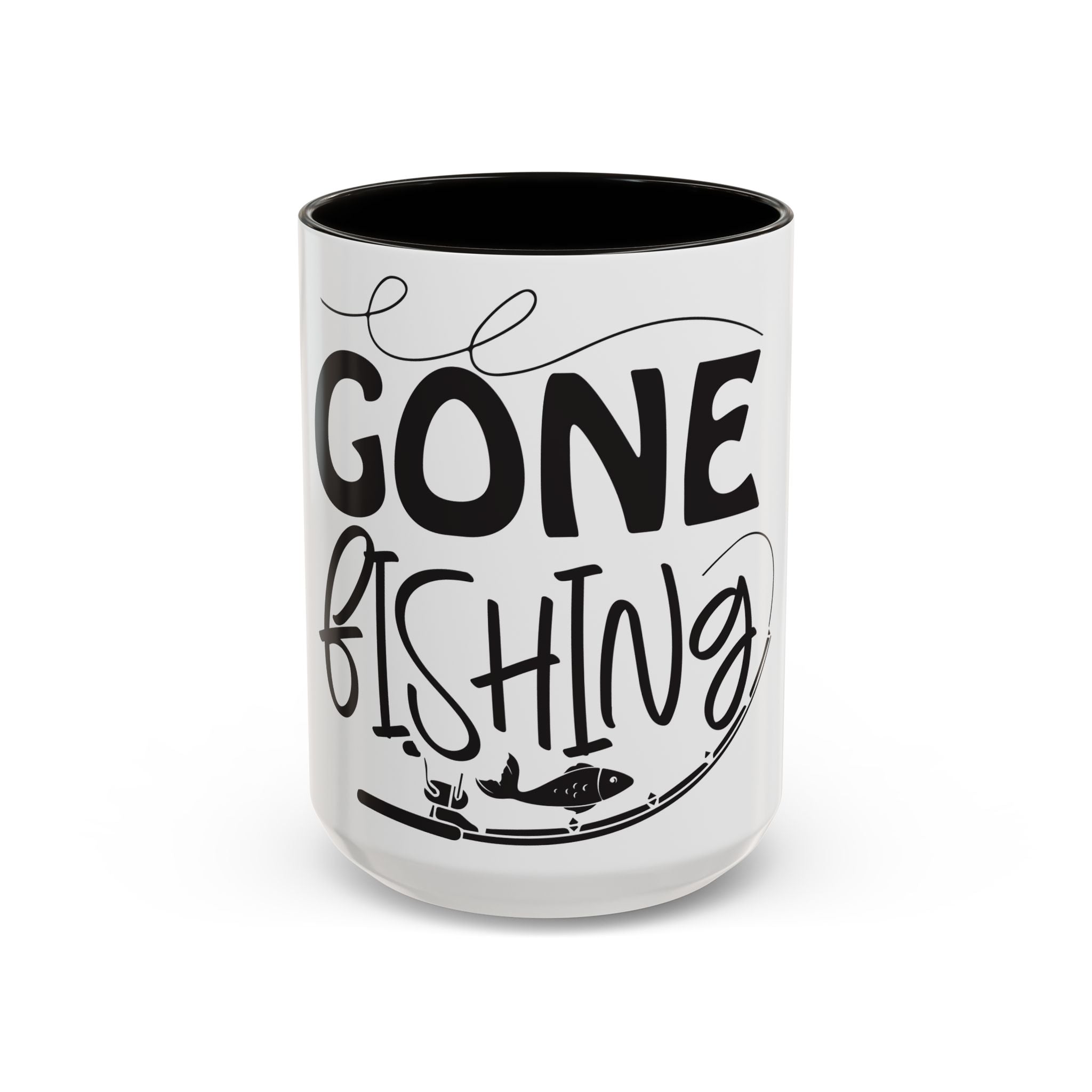 Gone Fishing mug | Fishing typography coffee mug, black handle and rim