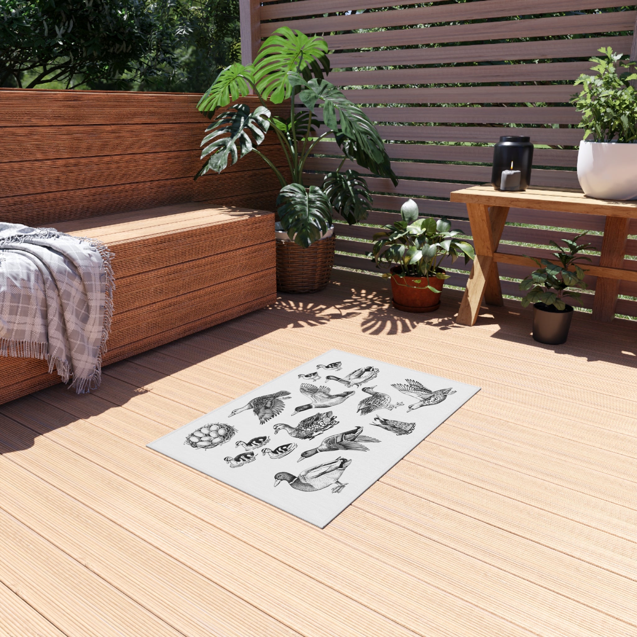 Vintage Duck Illustration Outdoor Rug | Waterfowl Pattern, Neutral Mat