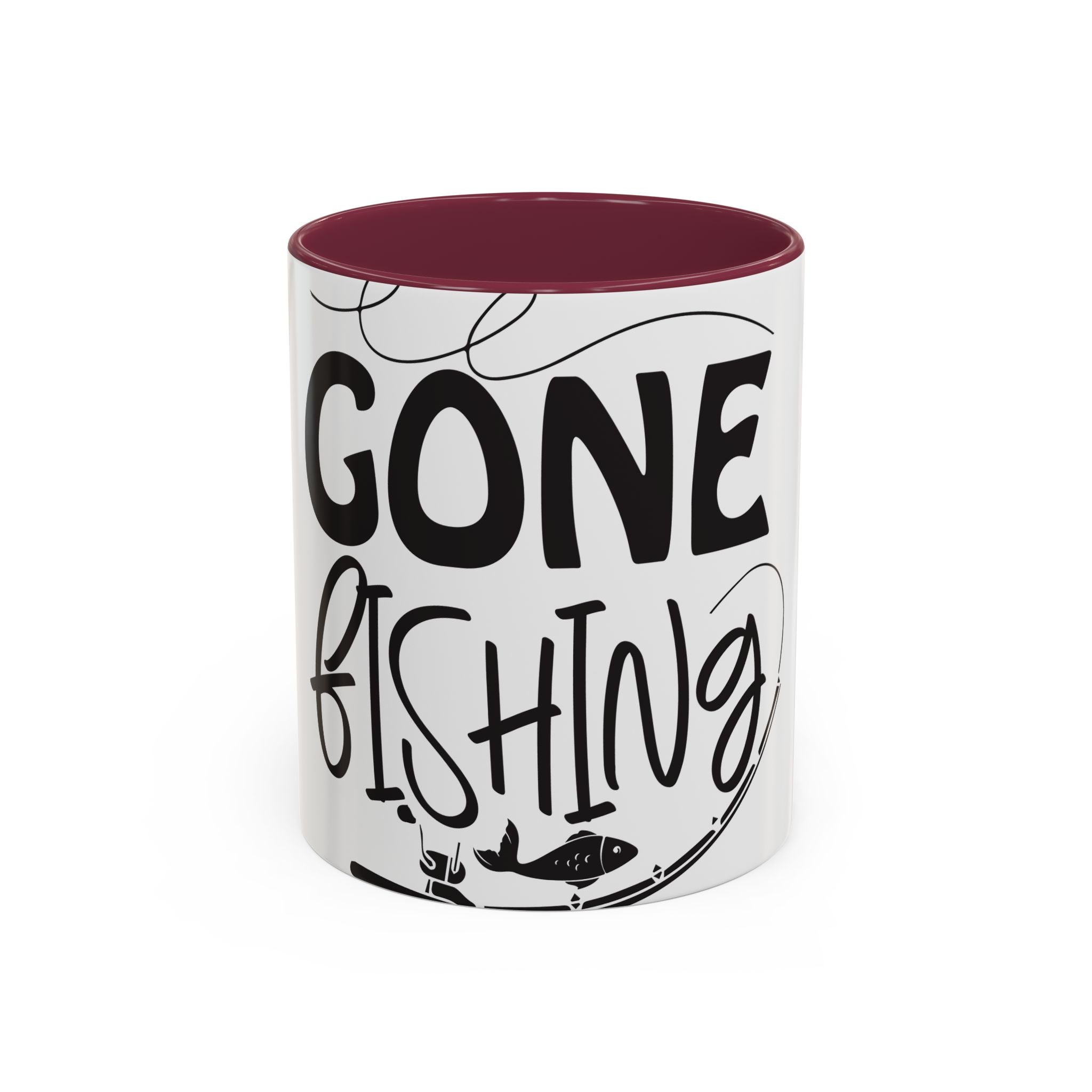 Gone Fishing mug | Fishing typography coffee mug, black handle and rim