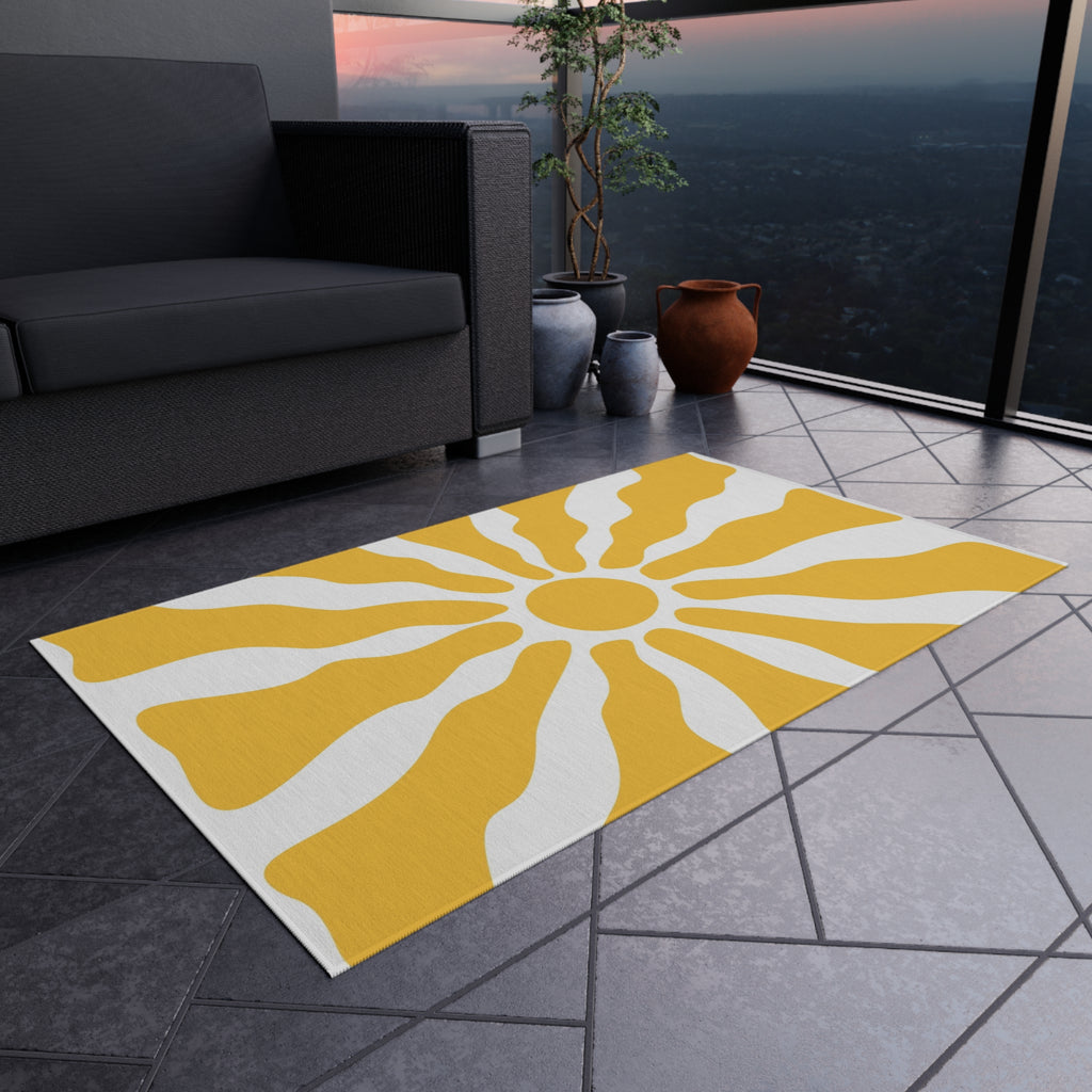 Yellow Sunburst Outdoor Rug | Retro Radiant Sun Pattern Patio Mat