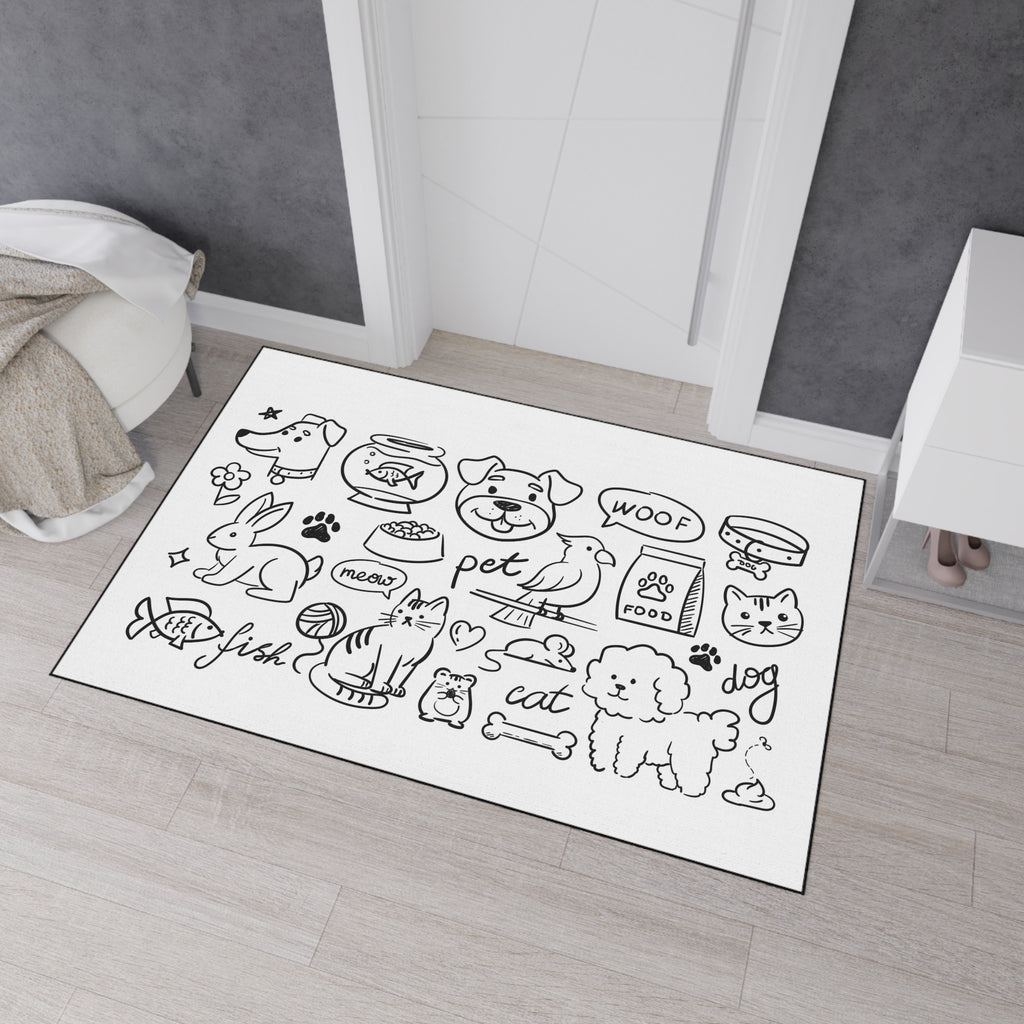Hand Drawn Pet Doodles Heavy Duty Floor Mat | Dog Cat Rabbit Fish Bird