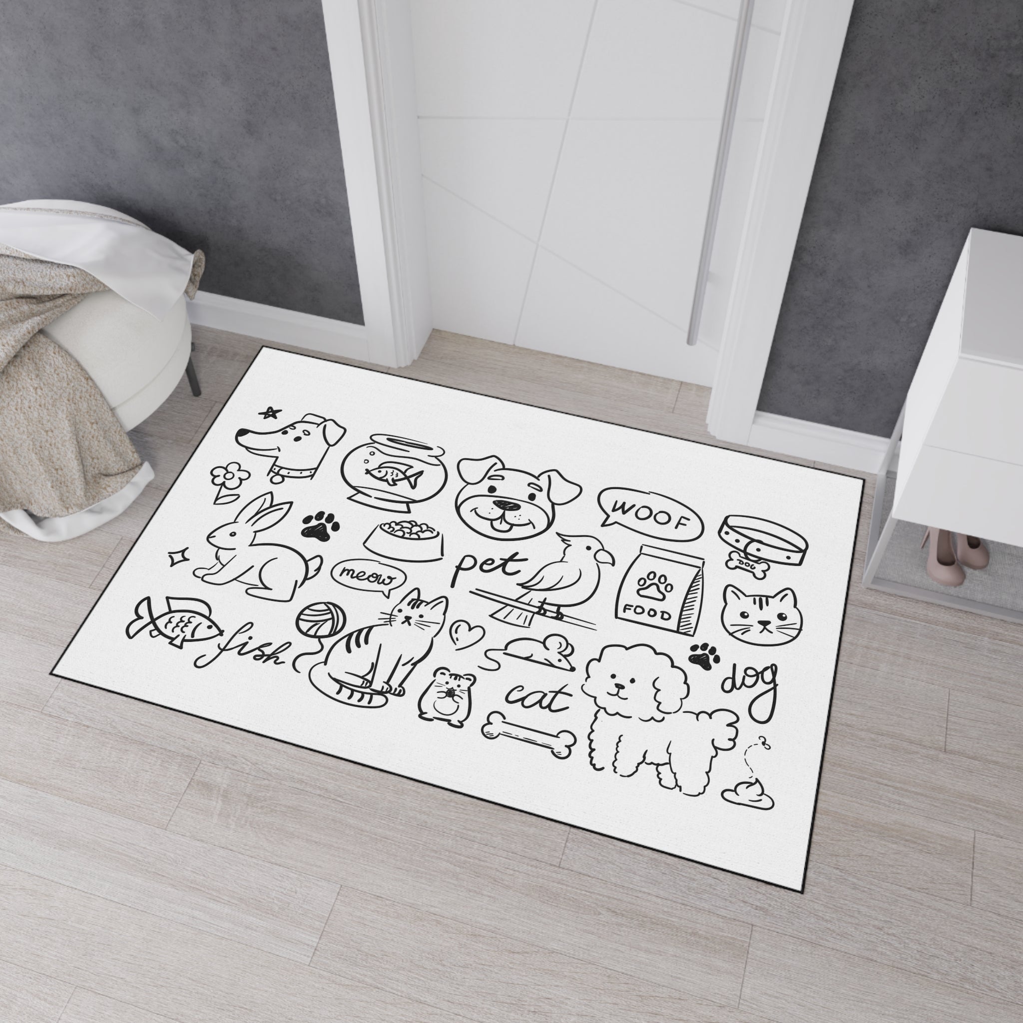 Hand Drawn Pet Doodles Heavy Duty Floor Mat | Dog Cat Rabbit Fish Bird