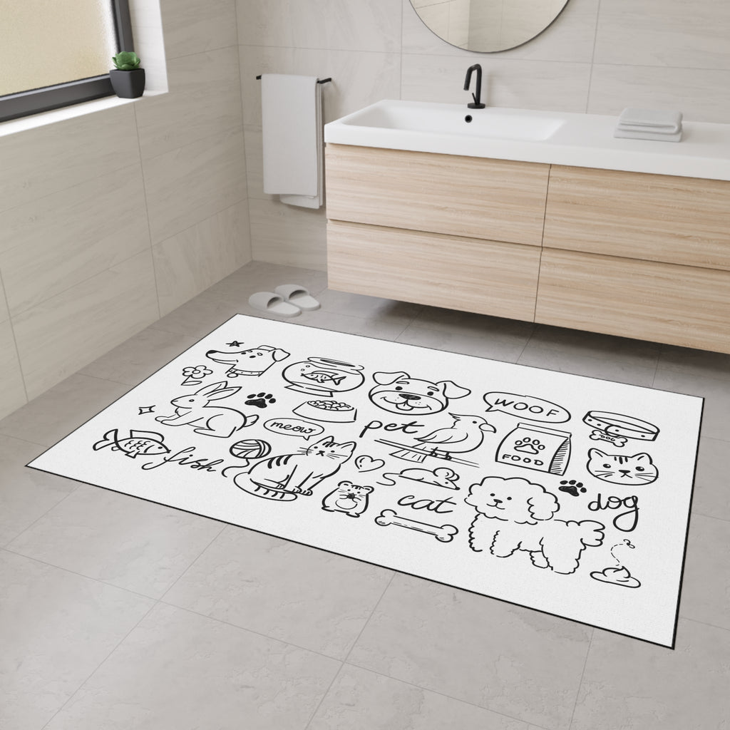 Hand Drawn Pet Doodles Heavy Duty Floor Mat | Dog Cat Rabbit Fish Bird