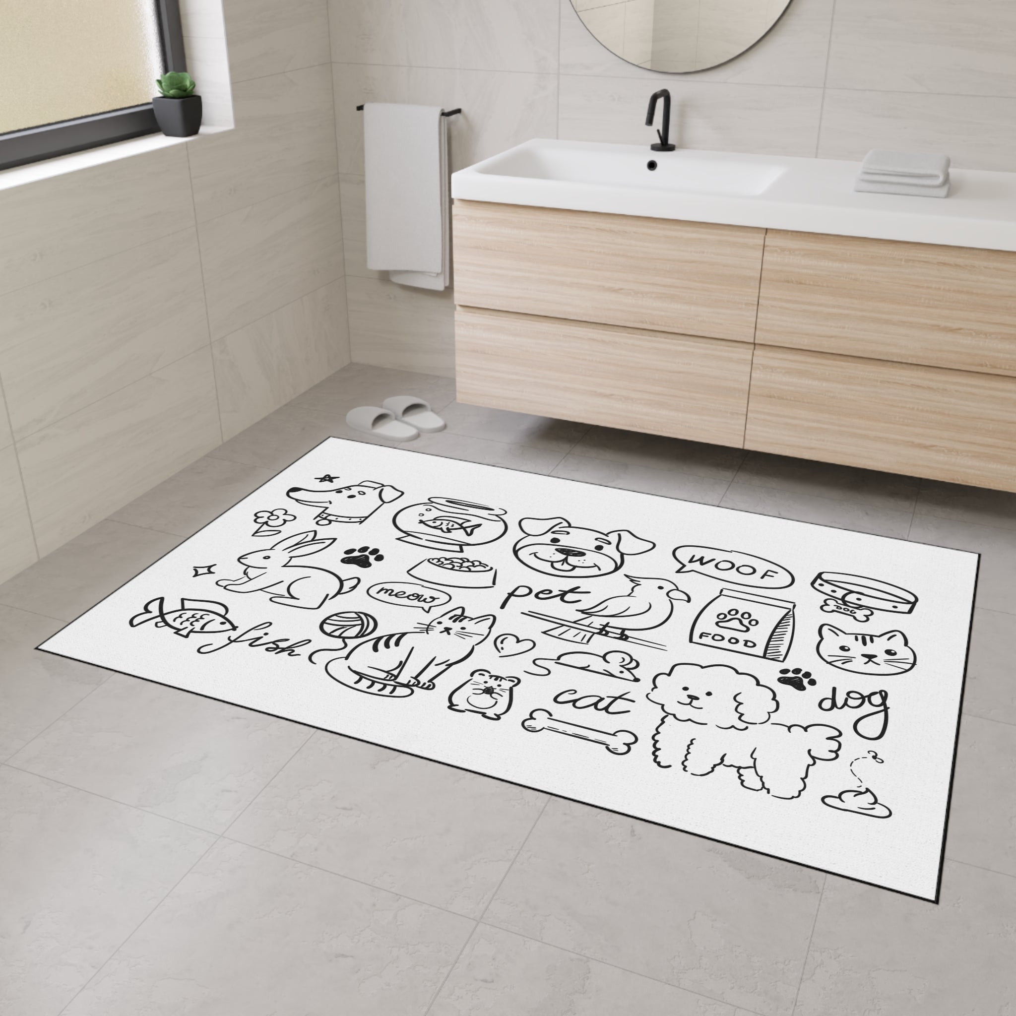 Hand Drawn Pet Doodles Heavy Duty Floor Mat | Dog Cat Rabbit Fish Bird