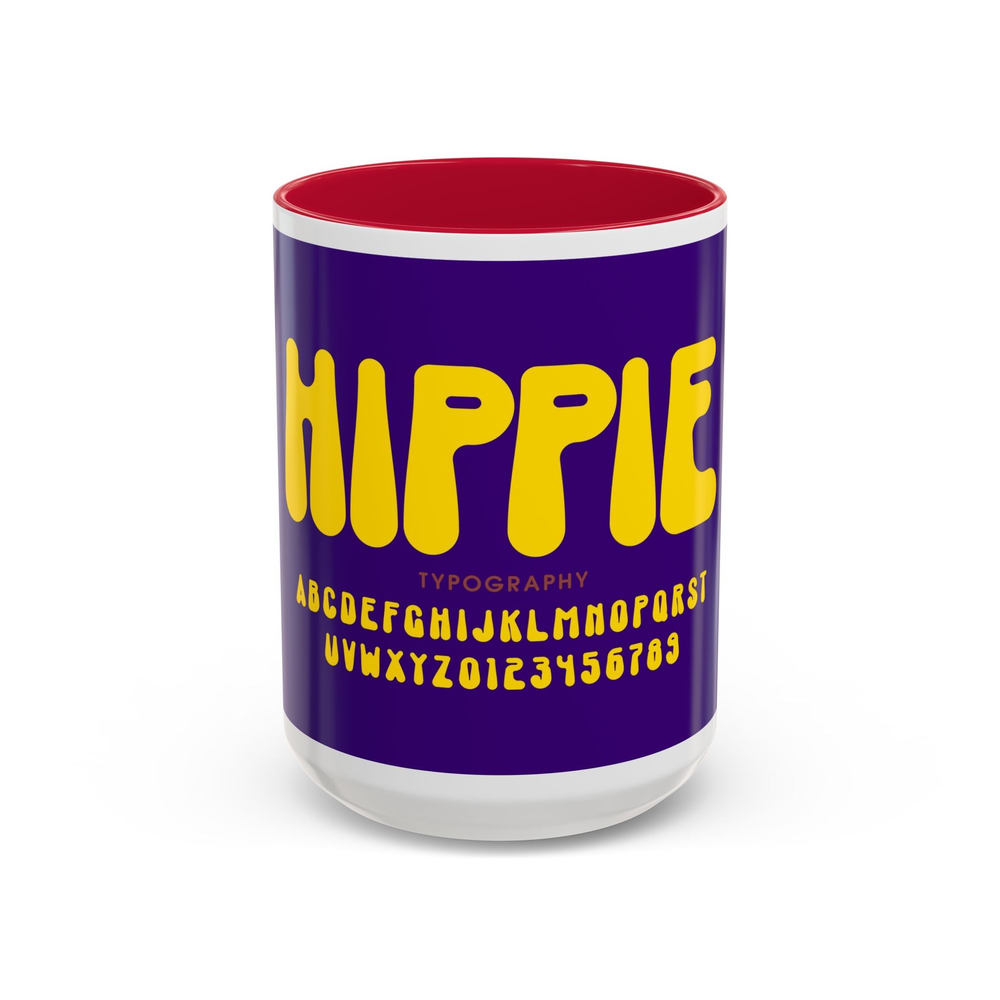 Hippie Typography Mug | Retro 70s Bubble Letters, Purple Yellow 11oz 15oz