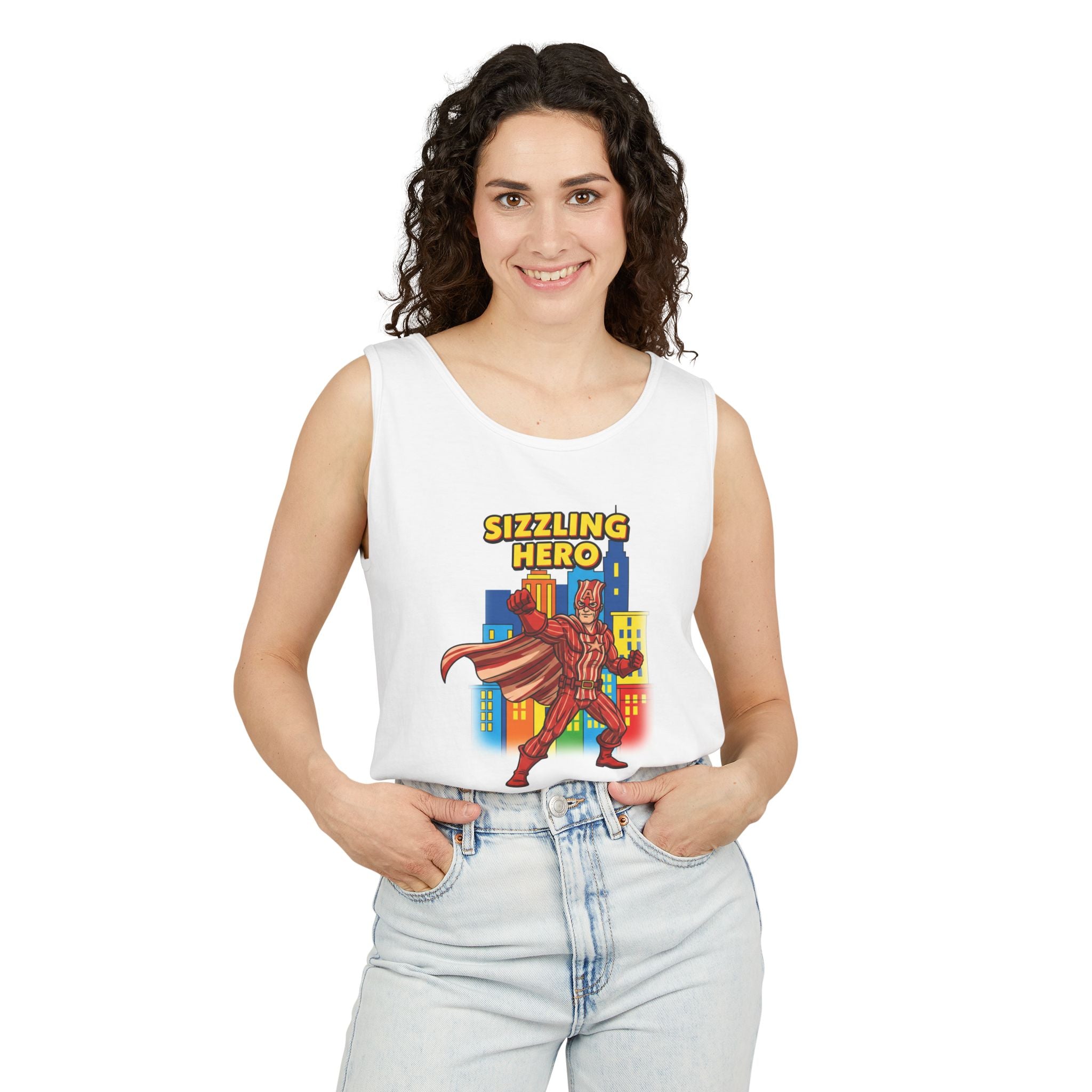 Sizzling Hero superhero bacon character Tank Top | comic city background