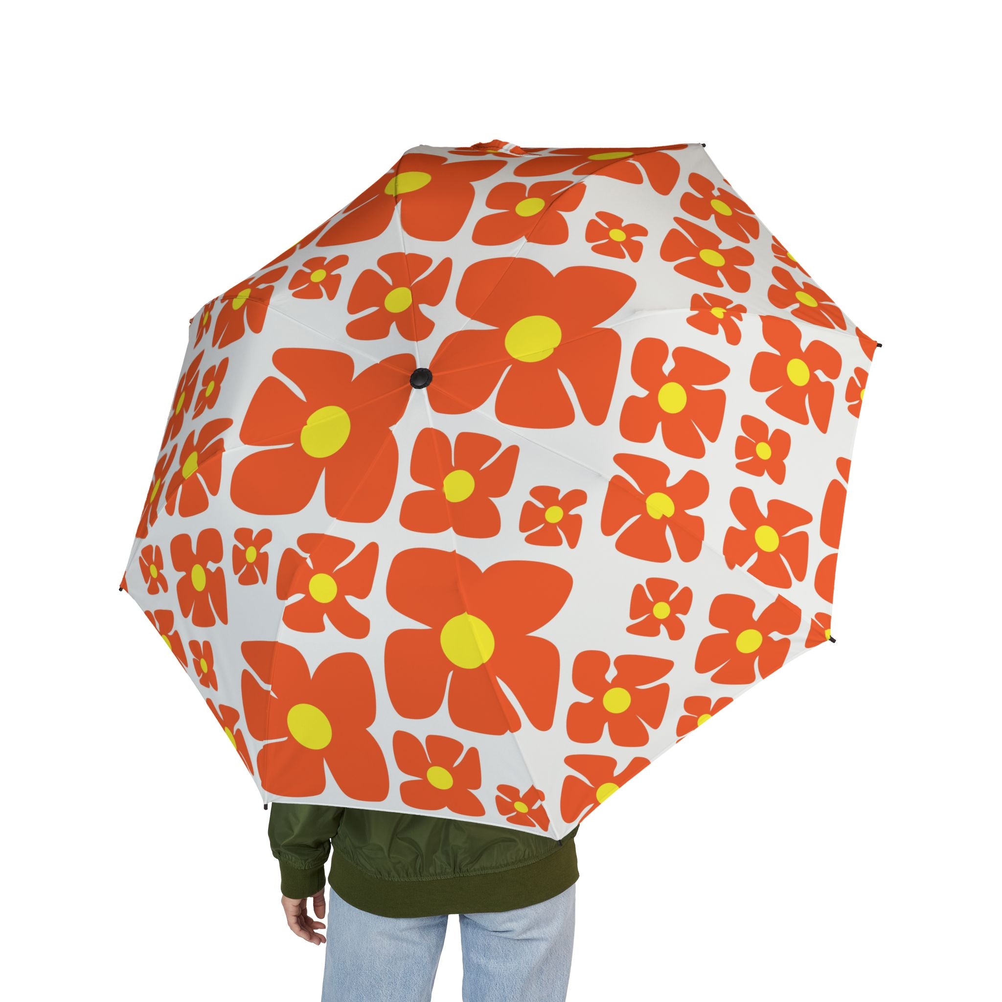 Retro Orange Daisy Pattern Umbrella | Foldable Rain Parasol