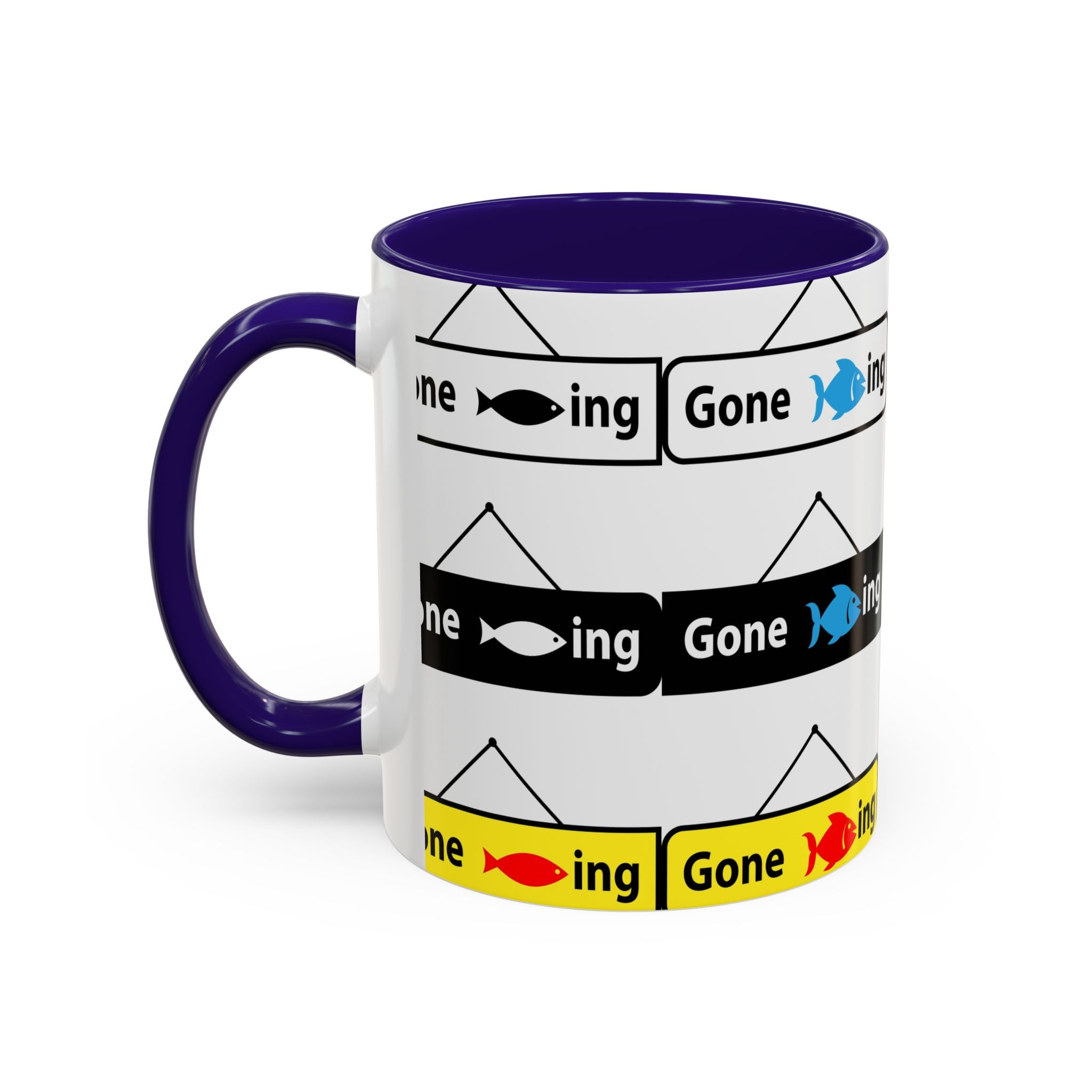 Gone Fishing Mug | Colorful Fish Sign Repeat Pattern, 11oz 15oz