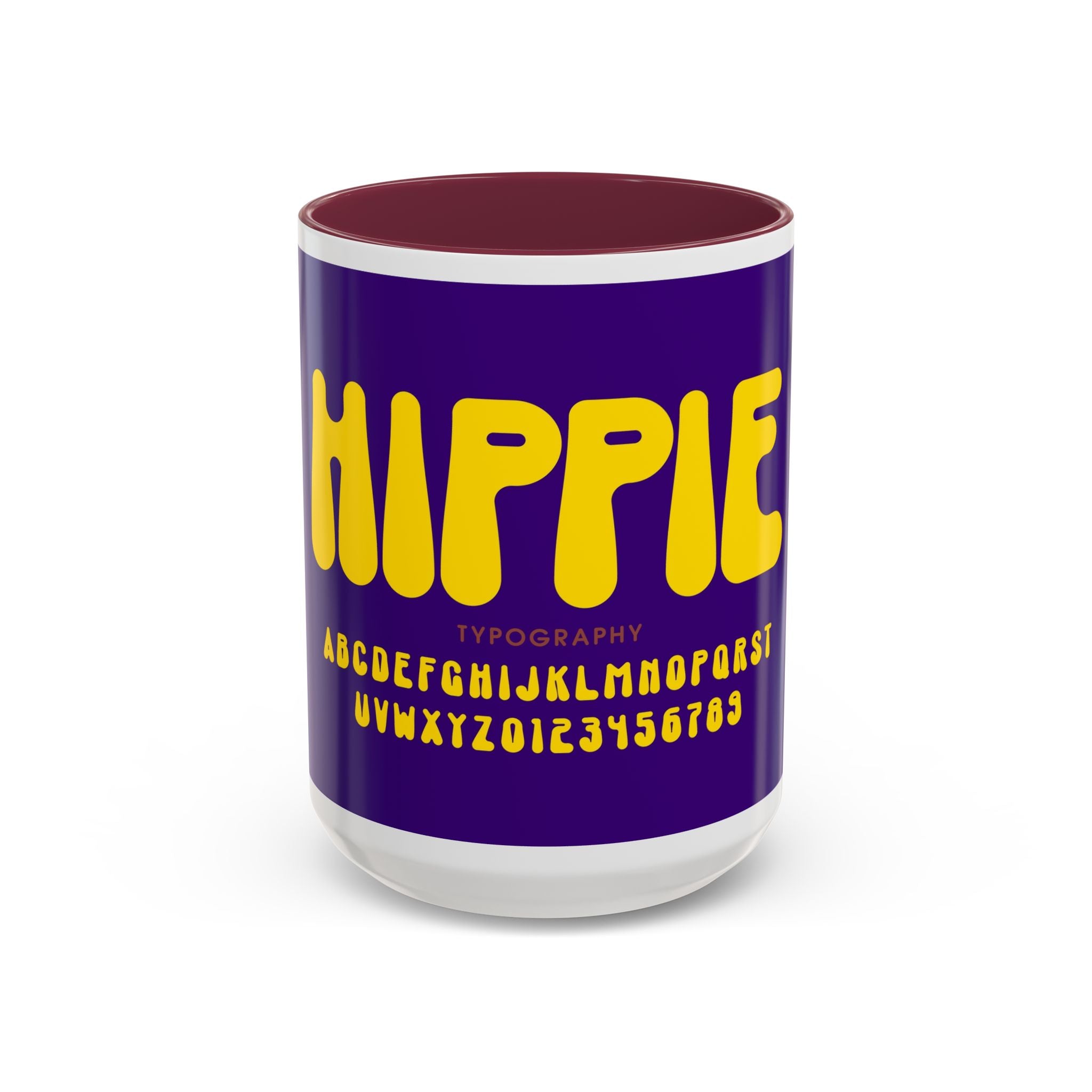 Hippie Typography Mug | Retro 70s Bubble Letters, Purple Yellow 11oz 15oz