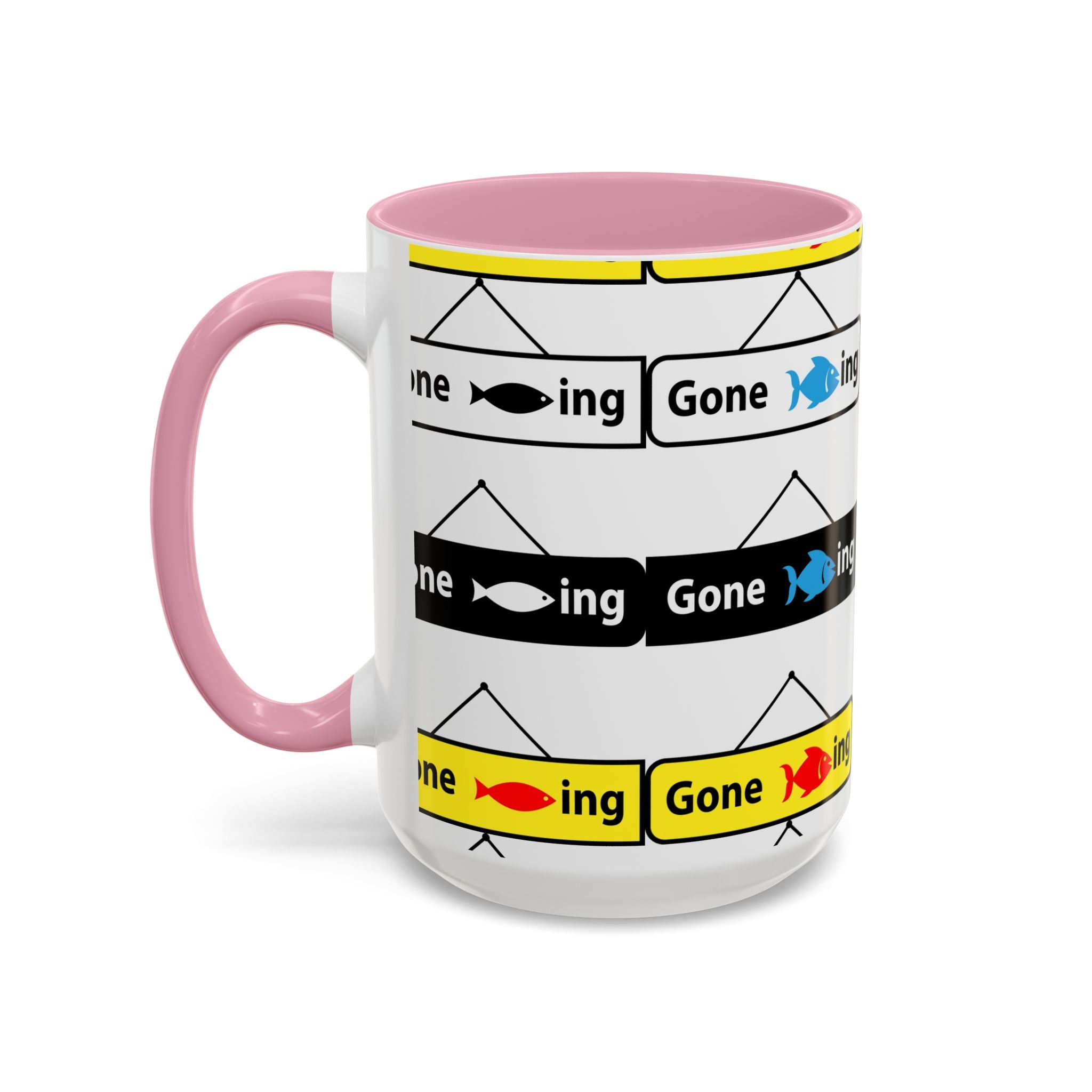 Gone Fishing Mug | Colorful Fish Sign Repeat Pattern, 11oz 15oz
