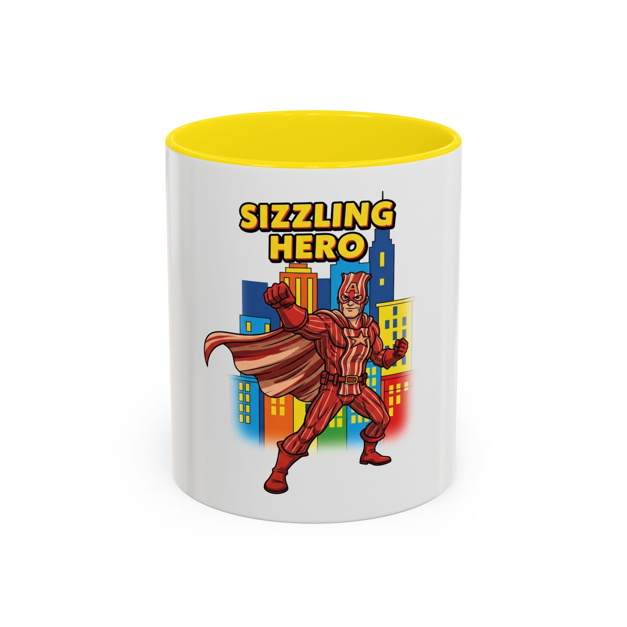 Sizzling Hero Mug | Accent Coffee Mug 11oz 15oz, Superhero City Design