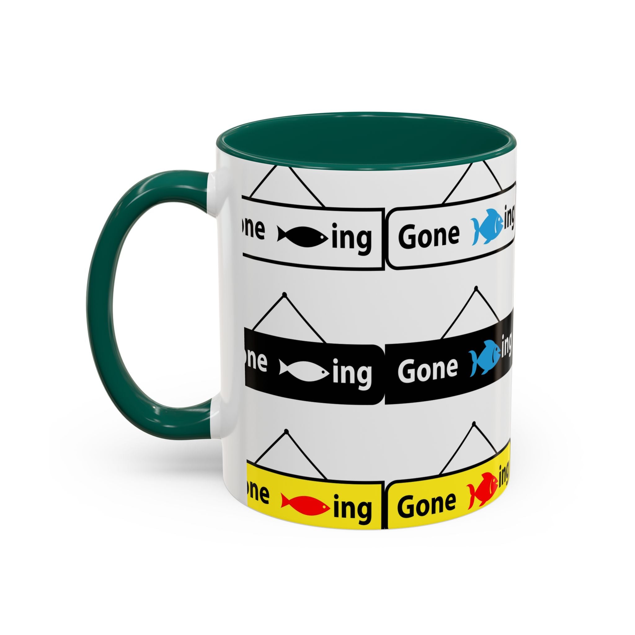 Gone Fishing Mug | Colorful Fish Sign Repeat Pattern, 11oz 15oz